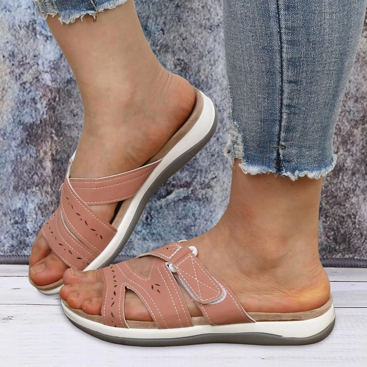 SuanlaTDS Orthopedic Sandals for Women 2025 Summer Dressy Platform Slip-on Slides Crisscross Adjustable Open Toe Arch Support Thick Sole Low Wedges Slippers Beach Comfortable Outdoor Shoes