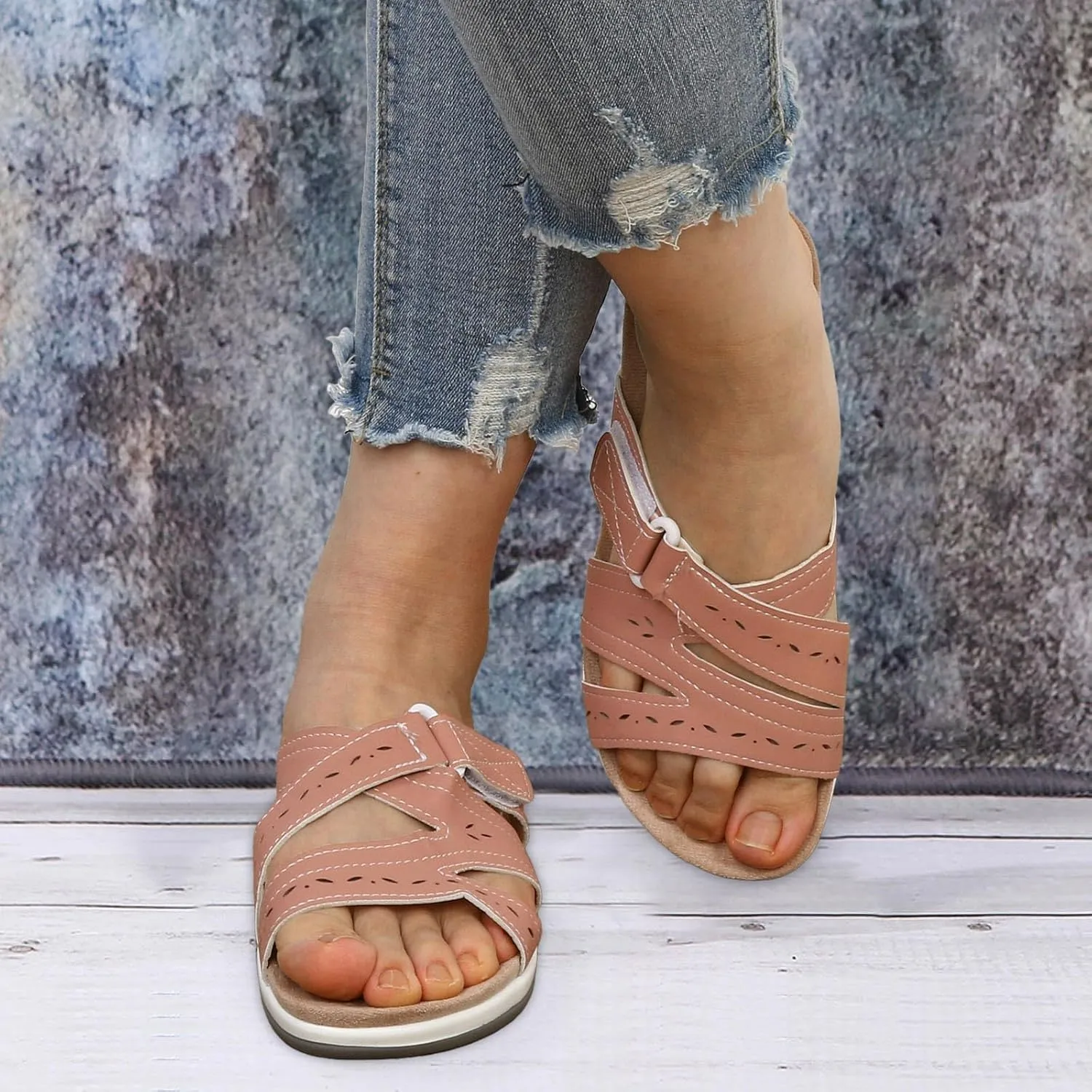 SuanlaTDS Orthopedic Sandals for Women 2025 Summer Dressy Platform Slip-on Slides Crisscross Adjustable Open Toe Arch Support Thick Sole Low Wedges Slippers Beach Comfortable Outdoor Shoes