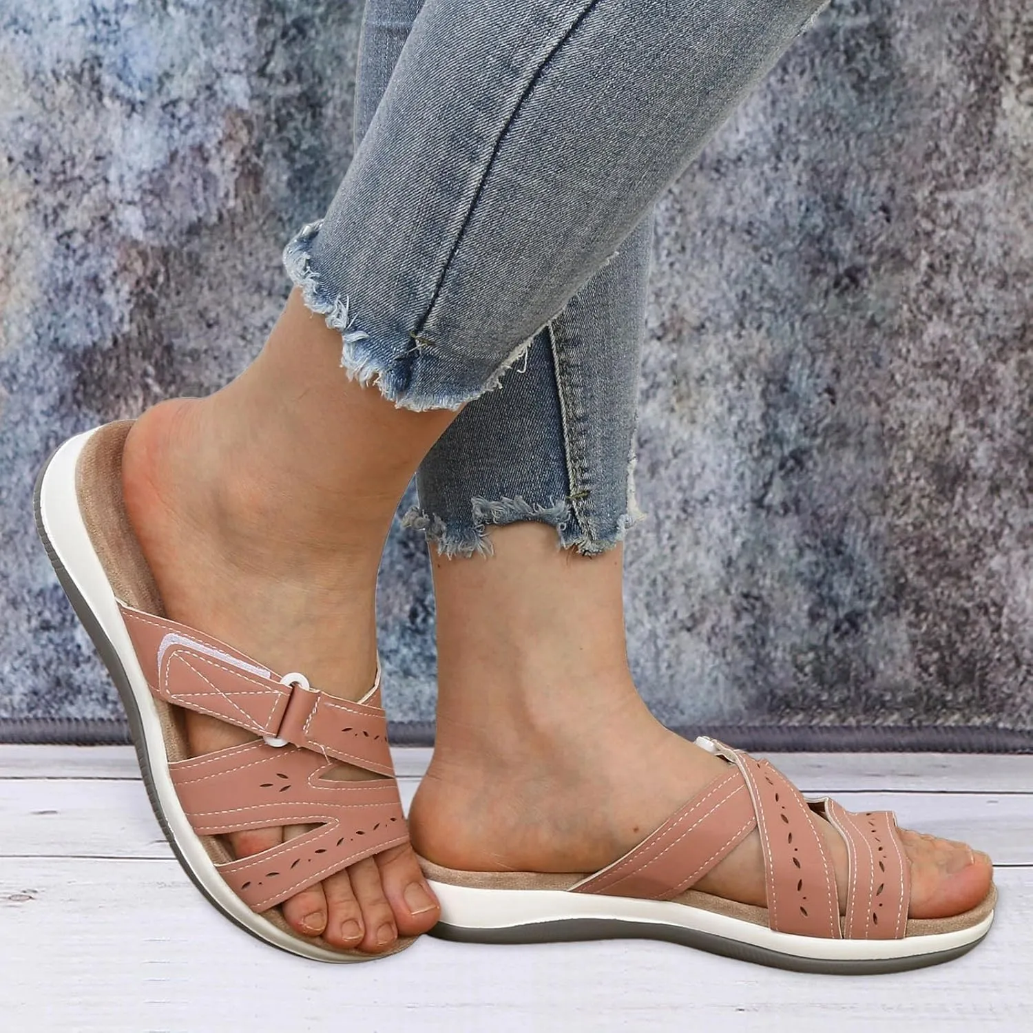 SuanlaTDS Orthopedic Sandals for Women 2025 Summer Dressy Platform Slip-on Slides Crisscross Adjustable Open Toe Arch Support Thick Sole Low Wedges Slippers Beach Comfortable Outdoor Shoes