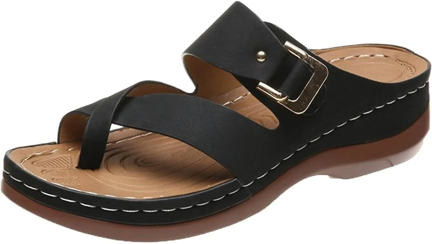 SuanlaTDS Orthopedic Sandals for Women Comfortable Platform Wedge Flip Flops Slip On Slide Sandals with Arch Support Dressy Summer Beach Outdoor Walking Open Toe Low Heels Wedges Sandals