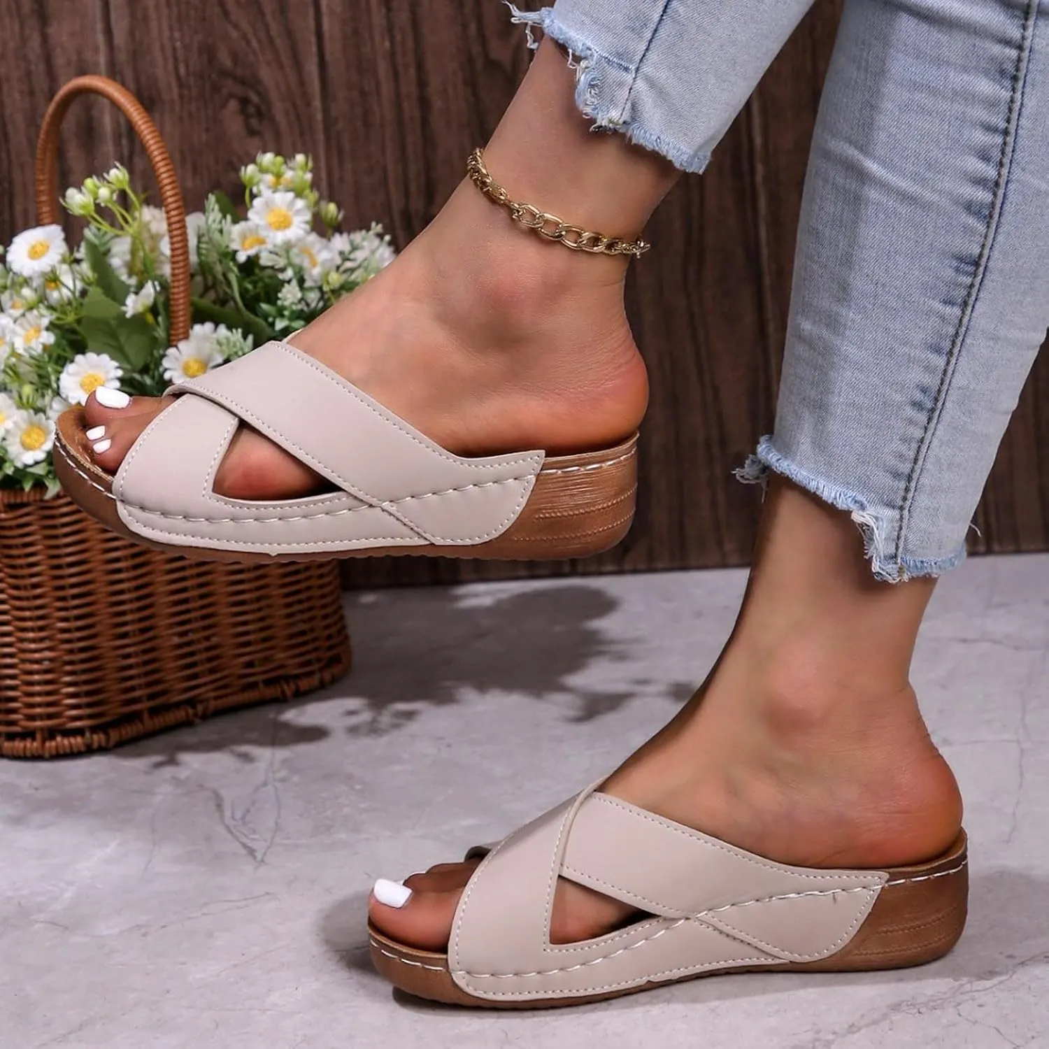SuanlaTDS Orthopedic Sandals for Women Wedge Summer Comfortable Arch Support Platform Slip On Slides Dressy Crisscross Open Toe Flat Elegant Low Wedges Heels Slide Sandal Outdoor Party Shoes