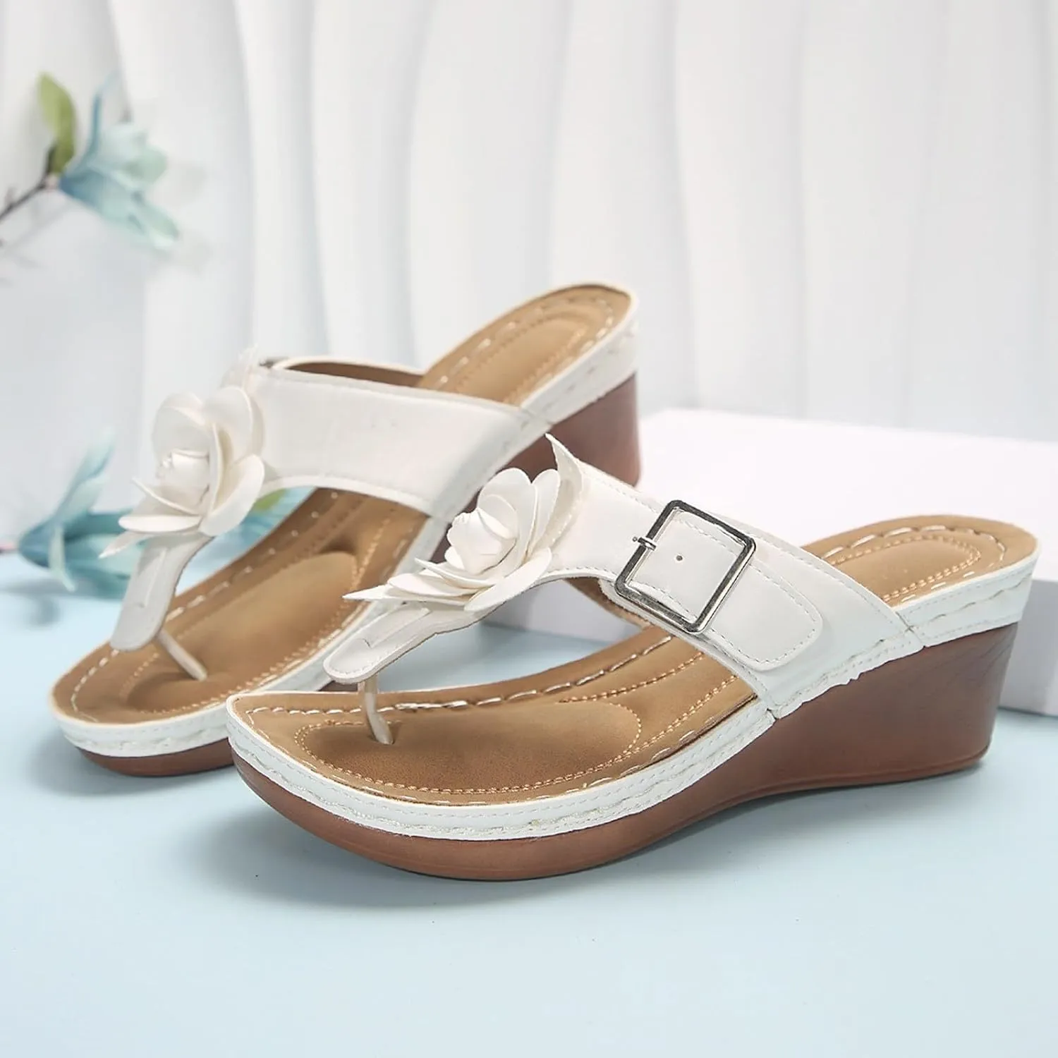SuanlaTDS Orthopedic Wedge Flip Flops Sandals for Women 2025 Summer Dressy Comfortable Arch Support Flower T-strap Open Toe Platform Beach Outdoor Shoes Wedges Sandal for Party Vacation