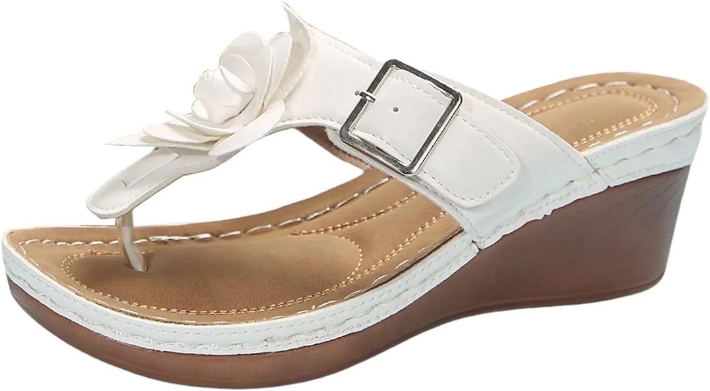 SuanlaTDS Orthopedic Wedge Flip Flops Sandals for Women 2025 Summer Dressy Comfortable Arch Support Flower T-strap Open Toe Platform Beach Outdoor Shoes Wedges Sandal for Party Vacation