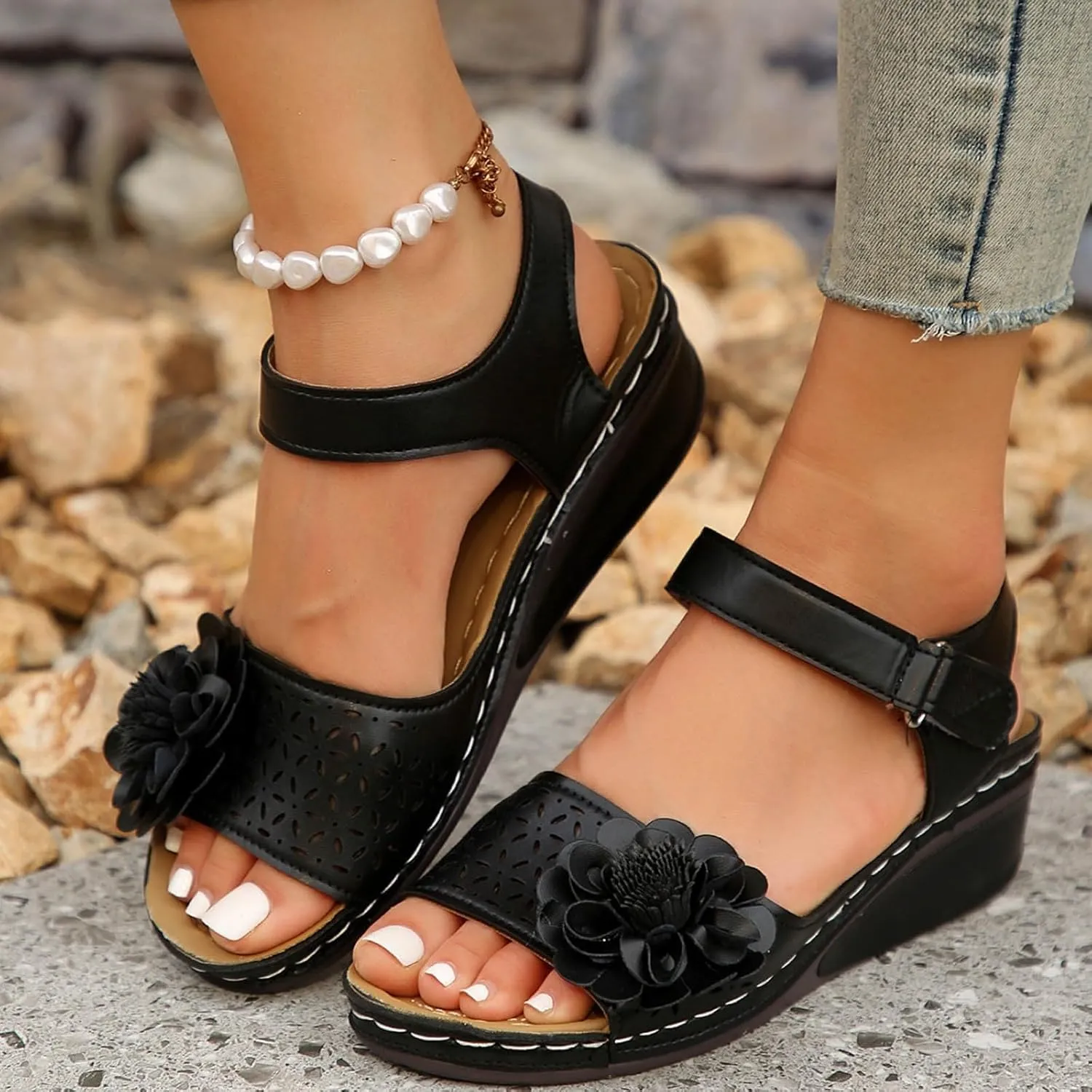 SuanlaTDS Orthopedic Wedge Sandals for Women Comfortable Flower Open Toe Hook Loop Ankle Strap Platform Casual Low Wedges Heels Arch Support Outdoor Walking Summer Beach Dress Shoes