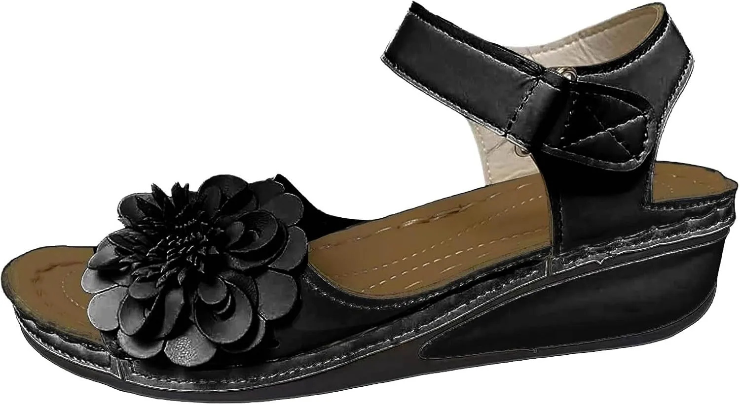 SuanlaTDS Orthopedic Wedge Sandals for Women Comfortable Flower Open Toe Hook Loop Ankle Strap Platform Casual Low Wedges Heels Arch Support Outdoor Walking Summer Beach Dress Shoes