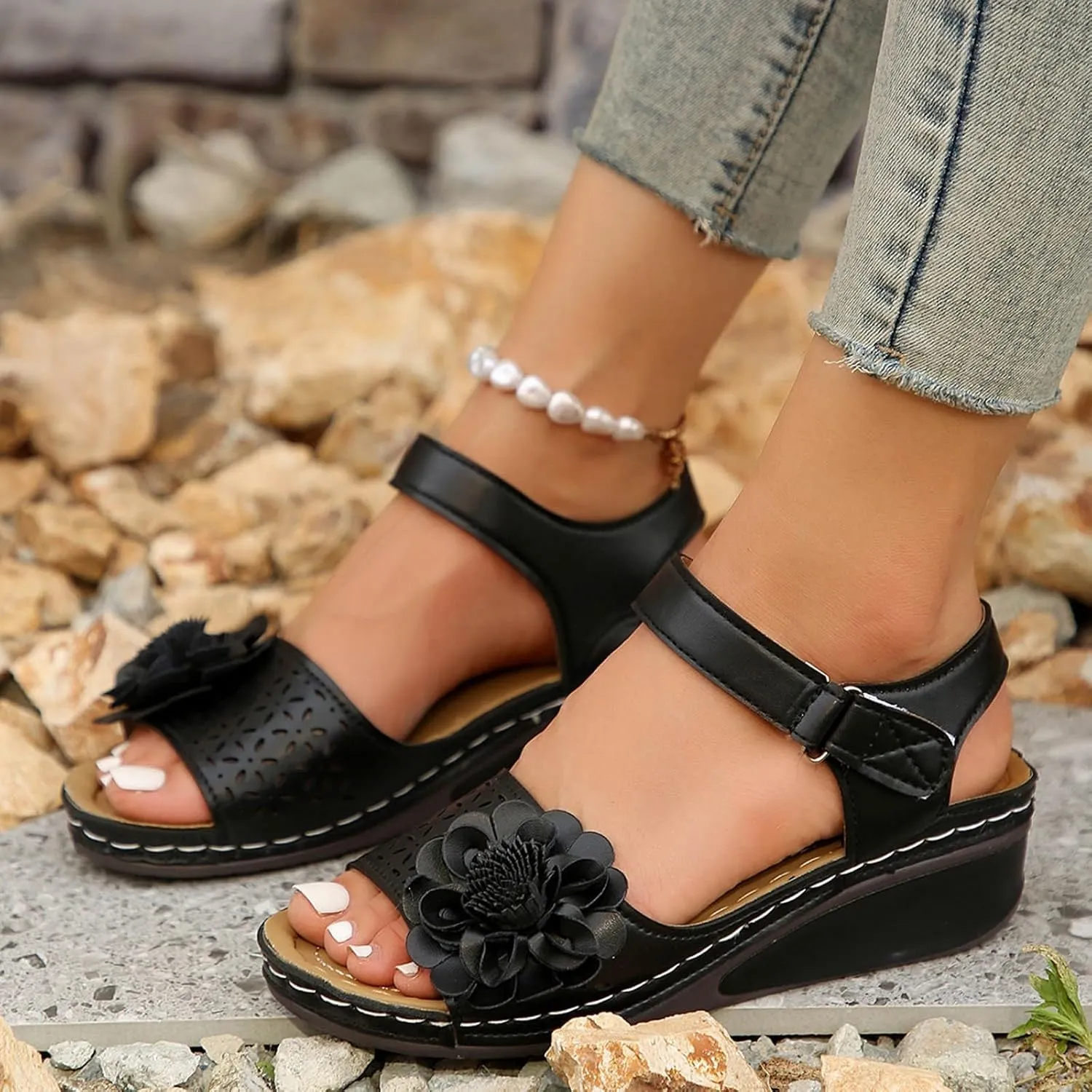 SuanlaTDS Orthopedic Wedge Sandals for Women Comfortable Flower Open Toe Hook Loop Ankle Strap Platform Casual Low Wedges Heels Arch Support Outdoor Walking Summer Beach Dress Shoes