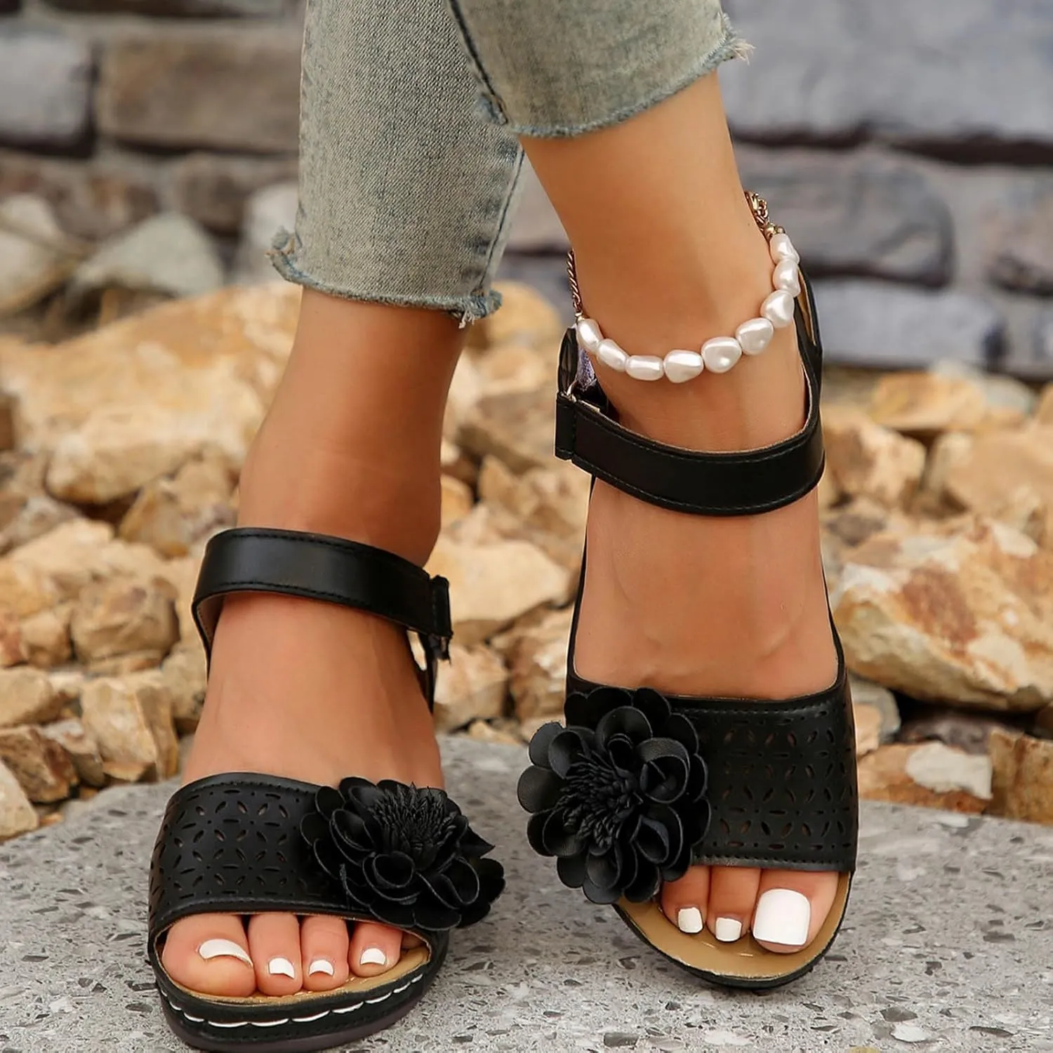 SuanlaTDS Orthopedic Wedge Sandals for Women Comfortable Flower Open Toe Hook Loop Ankle Strap Platform Casual Low Wedges Heels Arch Support Outdoor Walking Summer Beach Dress Shoes