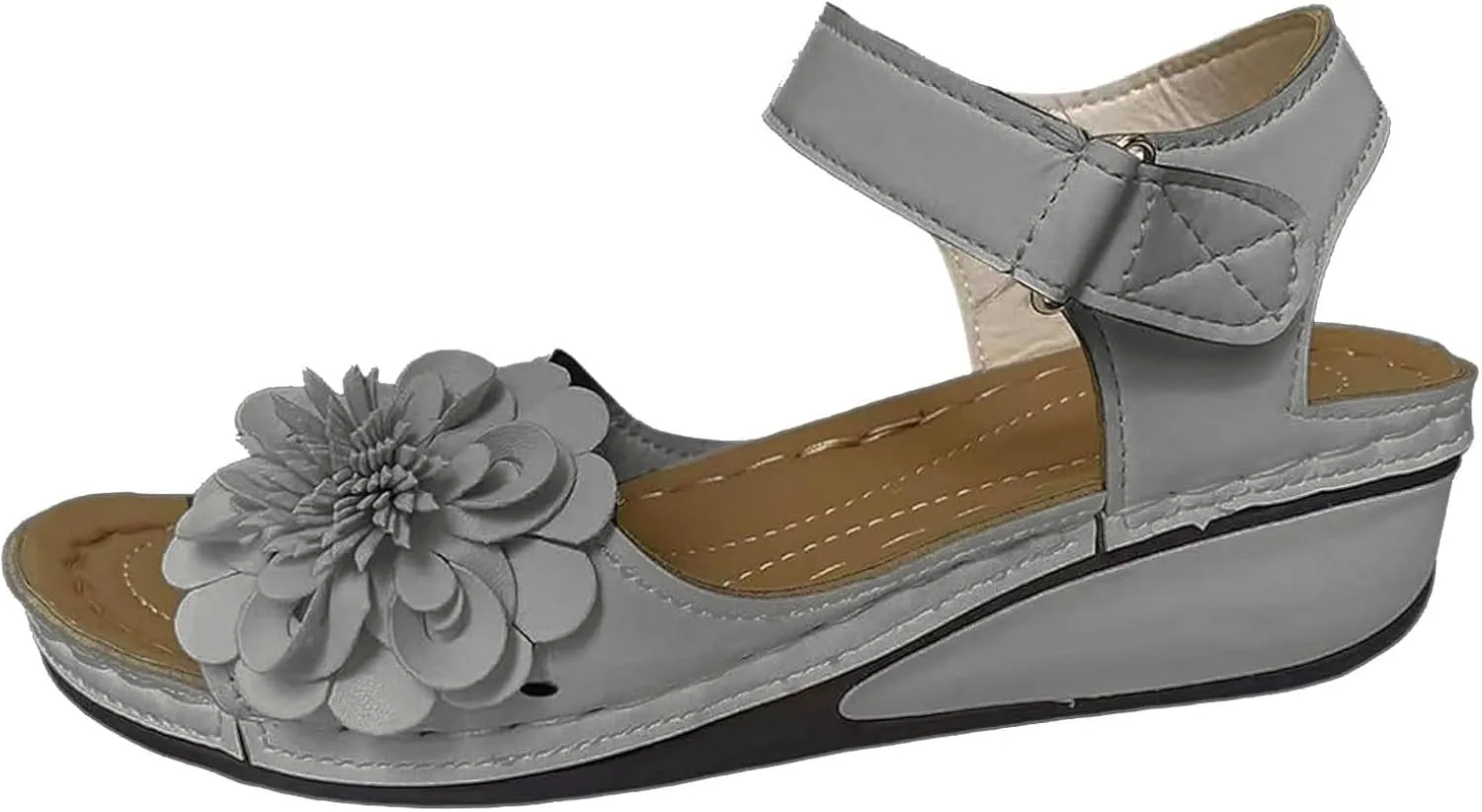 SuanlaTDS Orthopedic Wedge Sandals for Women Comfortable Flower Open Toe Hook Loop Ankle Strap Platform Casual Low Wedges Heels Arch Support Outdoor Walking Summer Beach Dress Shoes