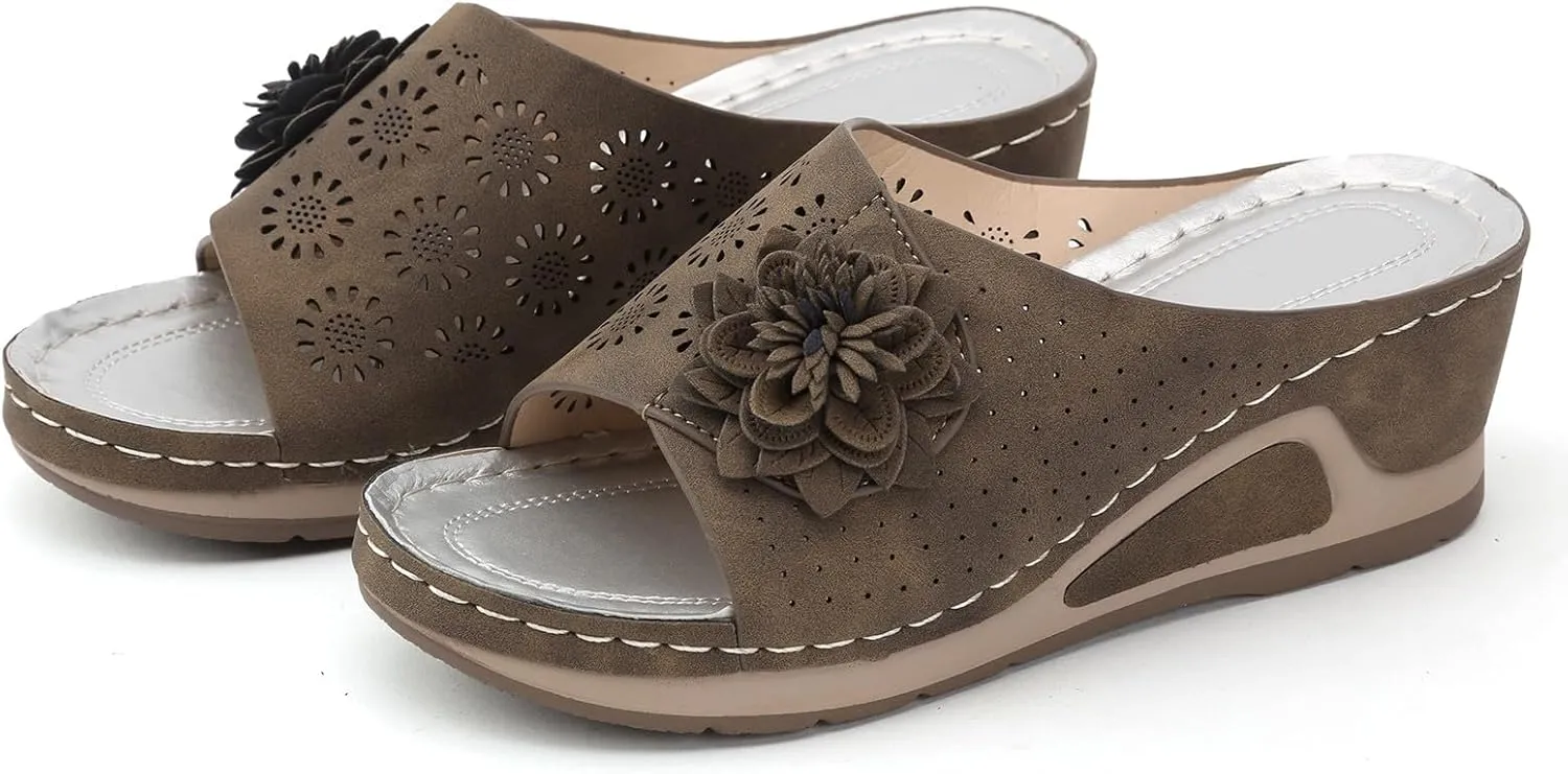 SuanlaTDS Sandals for Women Wedge Slip On 2025 Dressy Summer Comfortable Platform Open Toe Orthopedic Arch Support Slides Outdoor Beach Shoes Casual Elegant High Heels Wedges Sandal