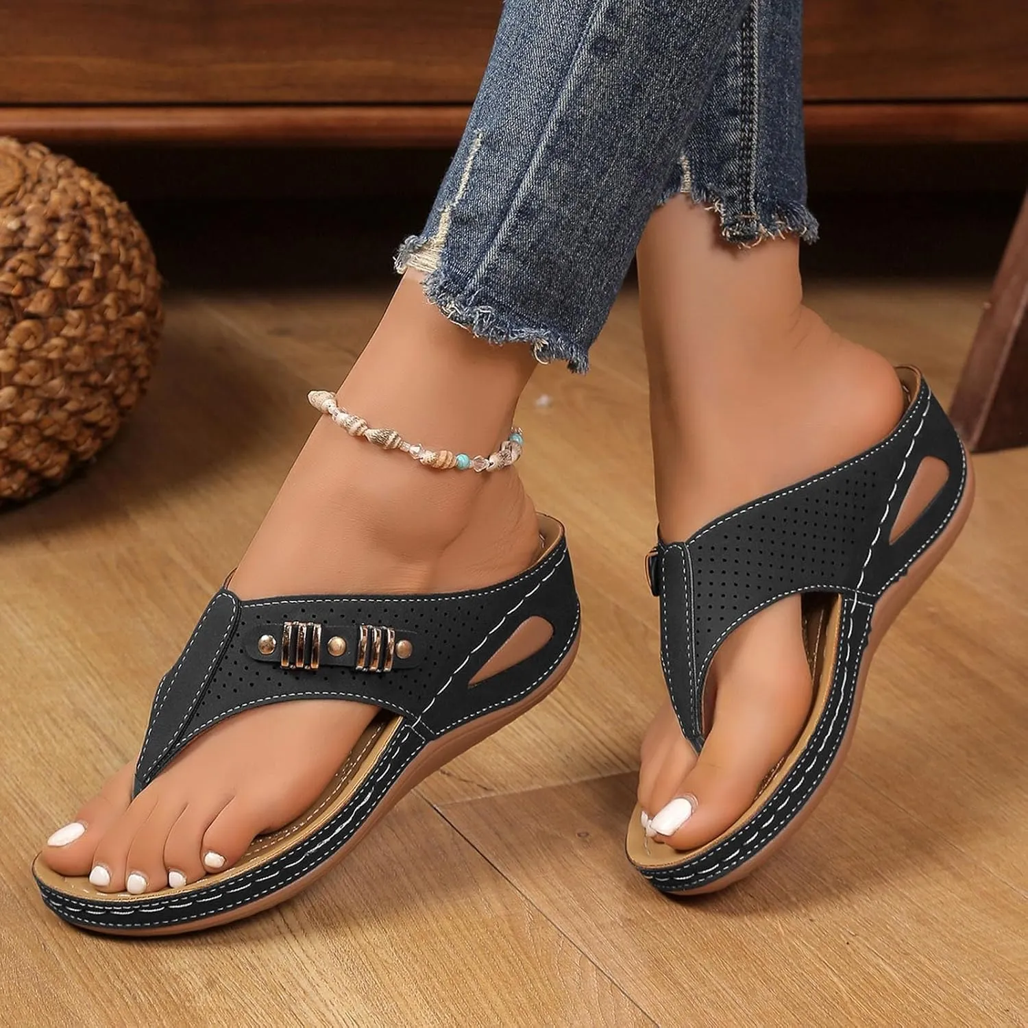 SuanlaTDS Summer Sandals for Women 2025 Orthopedic Flip Flops Wedge Dressy Platform Arch Support Comfortable Low Heels Bohemian Beach Shoes Elegant Outdoor Walking Slip On Slides Sandal