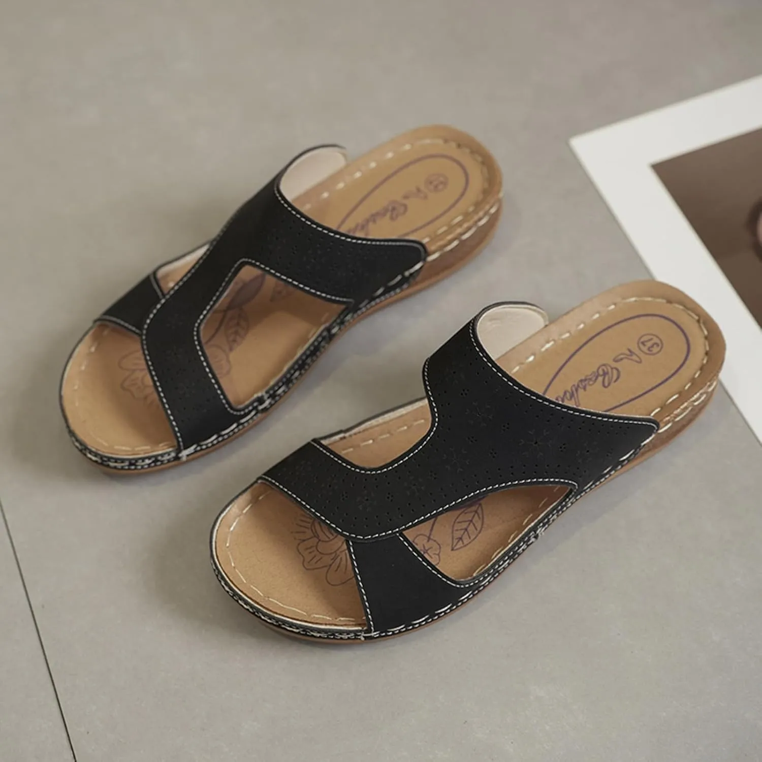 SuanlaTDS Wedge Sandals for Women 2025 Orthopedic Arch Support Comfortable Summer Dressy Walking Beach Shoes Slip On Hollow Out Slides Open Toe Indoor Outdoor Wedges Low Heels Sandal