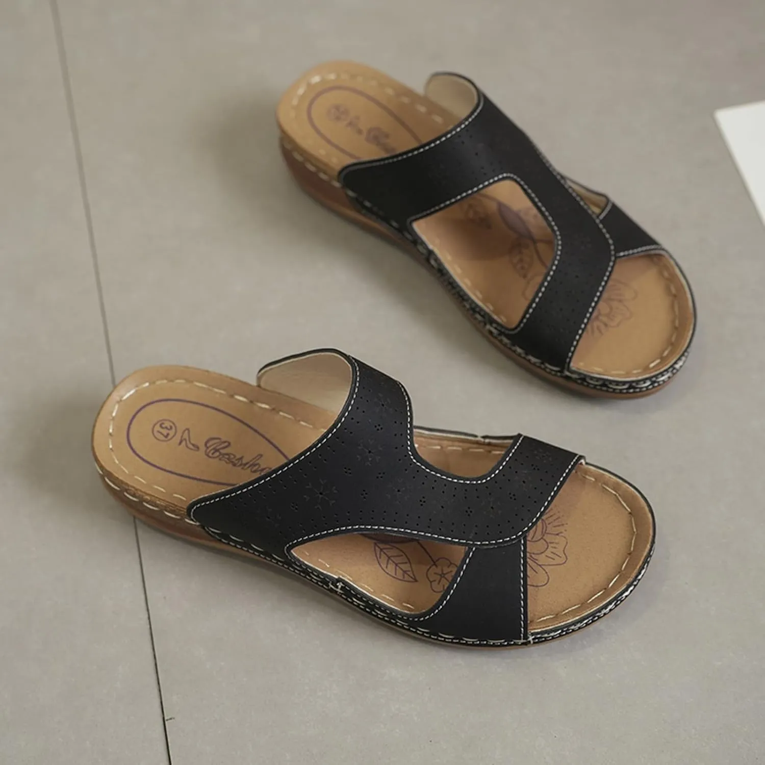 SuanlaTDS Wedge Sandals for Women 2025 Orthopedic Arch Support Comfortable Summer Dressy Walking Beach Shoes Slip On Hollow Out Slides Open Toe Indoor Outdoor Wedges Low Heels Sandal