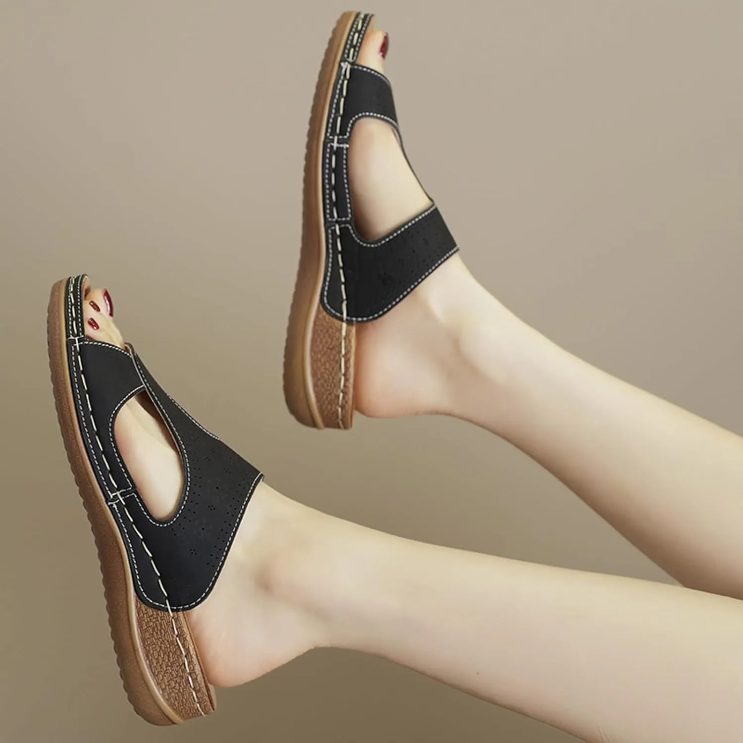 SuanlaTDS Wedge Sandals for Women 2025 Orthopedic Arch Support Comfortable Summer Dressy Walking Beach Shoes Slip On Hollow Out Slides Open Toe Indoor Outdoor Wedges Low Heels Sandal