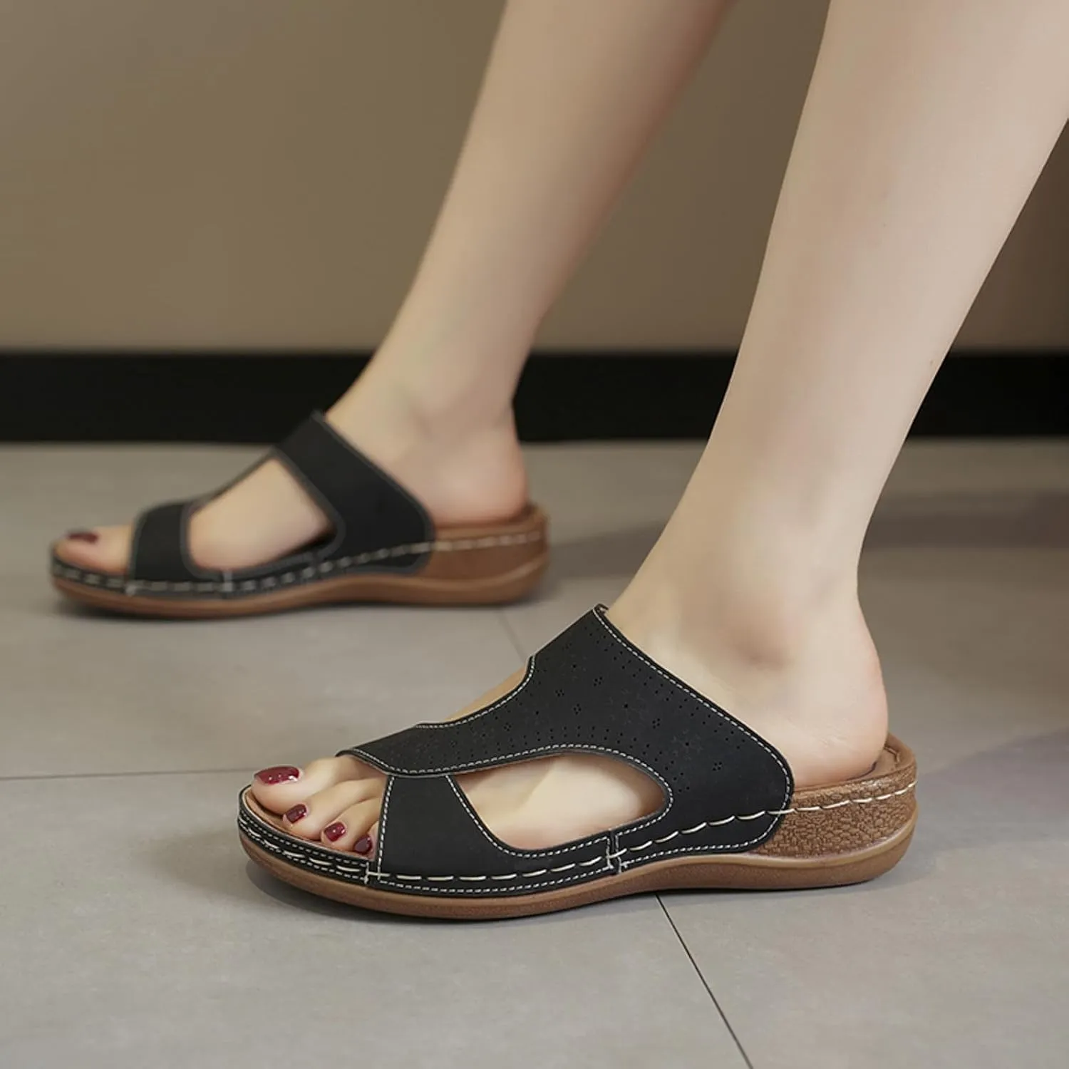 SuanlaTDS Wedge Sandals for Women 2025 Orthopedic Arch Support Comfortable Summer Dressy Walking Beach Shoes Slip On Hollow Out Slides Open Toe Indoor Outdoor Wedges Low Heels Sandal