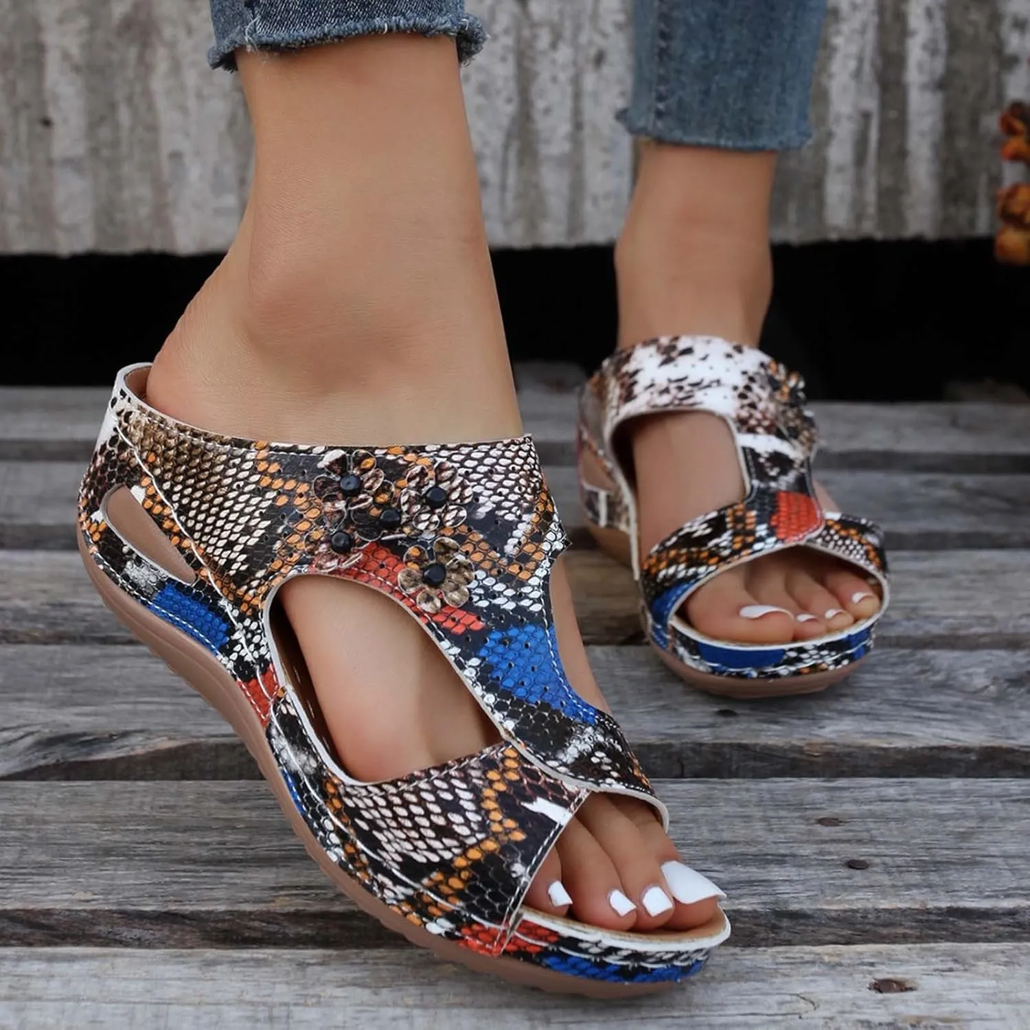 SuanlaTDS Wedge Sandals for Women Dressy Comfortable Summer Platform Slip On Slides Orthopedic Sandals with Arch Support Casual Beach Walking Shoes Open Toe Mid Heels Wedges Sandals