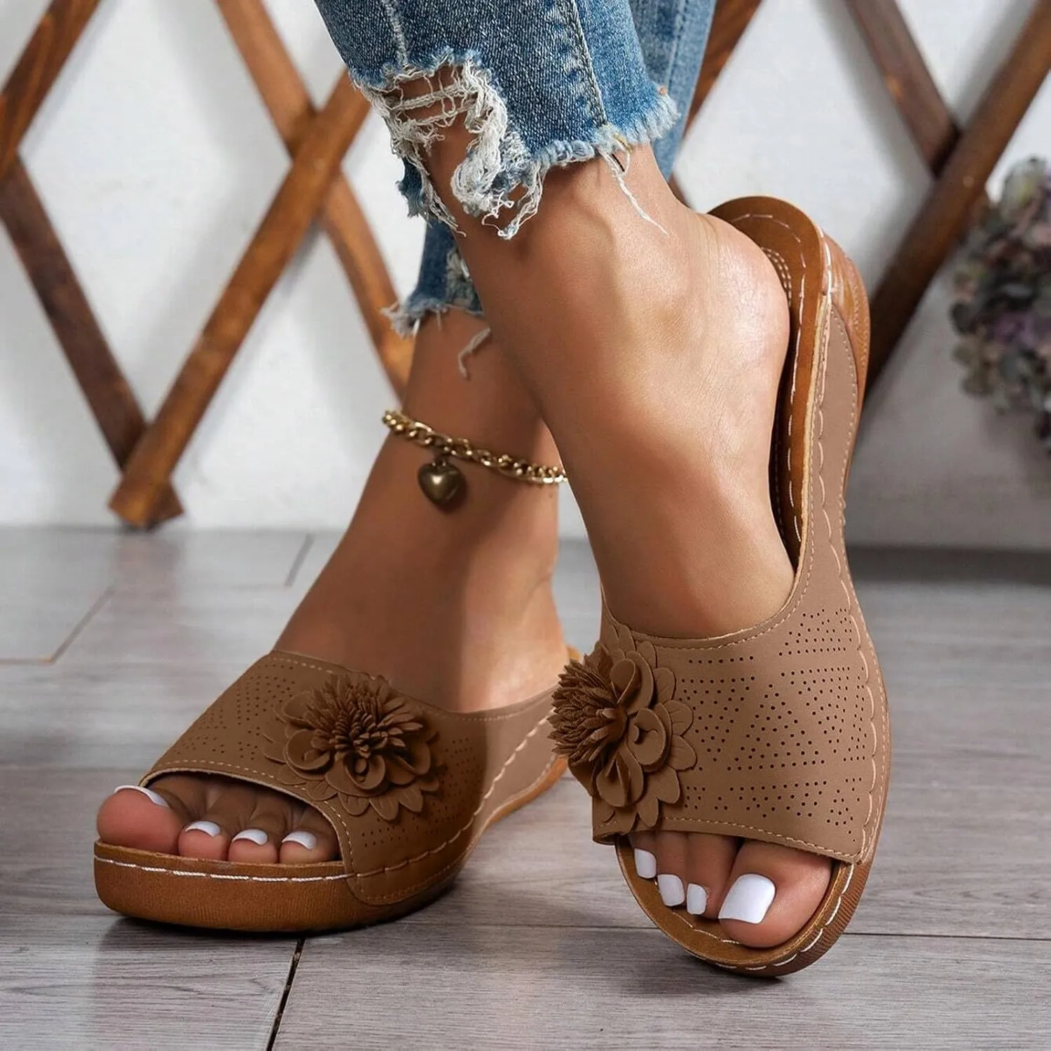 SuanlaTDS Wedge Sandals for Women Orthopedic Summer Dressy Low Heels Slides 2025 Comfortable Arch Support Slip On Beach Shoes Flowers Open Toe Platform Outdoor Walking Wedges Slide Sandals