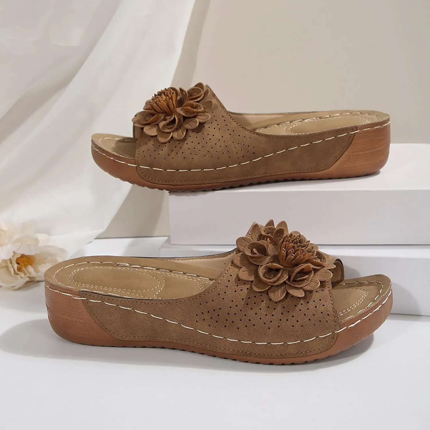 SuanlaTDS Wedge Sandals for Women Orthopedic Summer Dressy Low Heels Slides 2025 Comfortable Arch Support Slip On Beach Shoes Flowers Open Toe Platform Outdoor Walking Wedges Slide Sandals