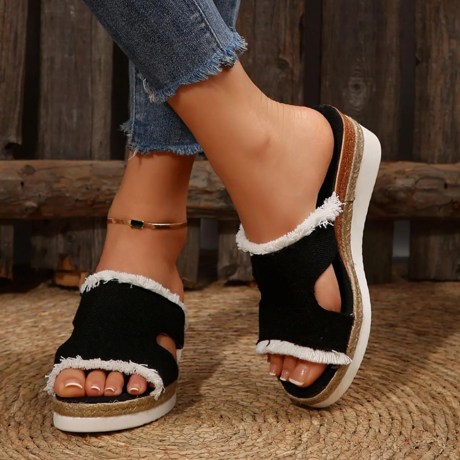 SuanlaTDS Wedge Sandals for Women Summer Dressy Open Toe Platform Low Wedges Espadrilles Slip On Slide Sandals Beach Dress Shoes Comfortable Casual Outdoor Bohemian Slippers