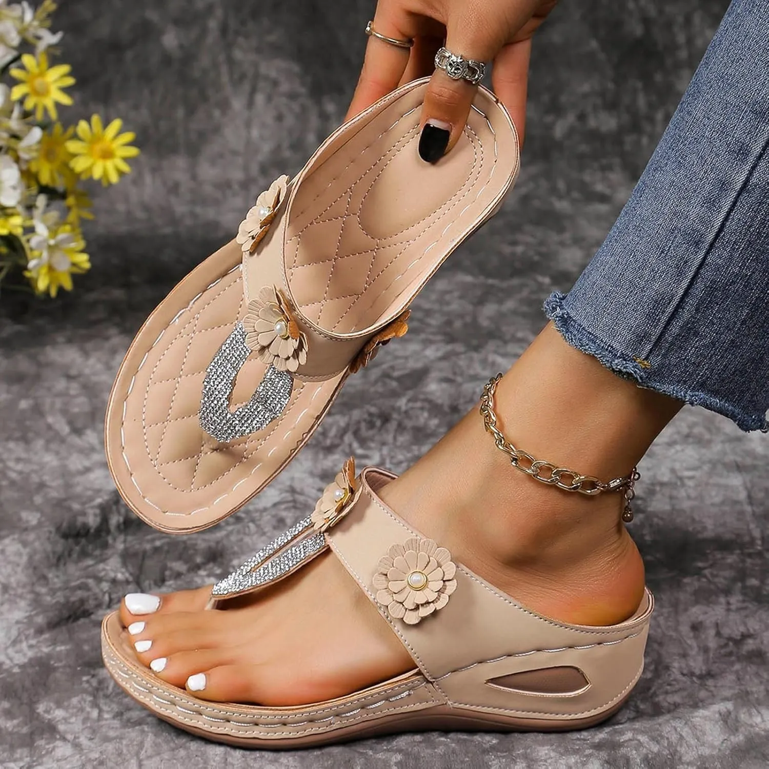 SuanlaTDS Wedge Sandals for Women Summer Dressy Open Toe Platform Wedges Slip On Orthopedic Sandals Comfortable Outdoor Beach Bohemia Casual Arch Support Low Heels Walking Shoes