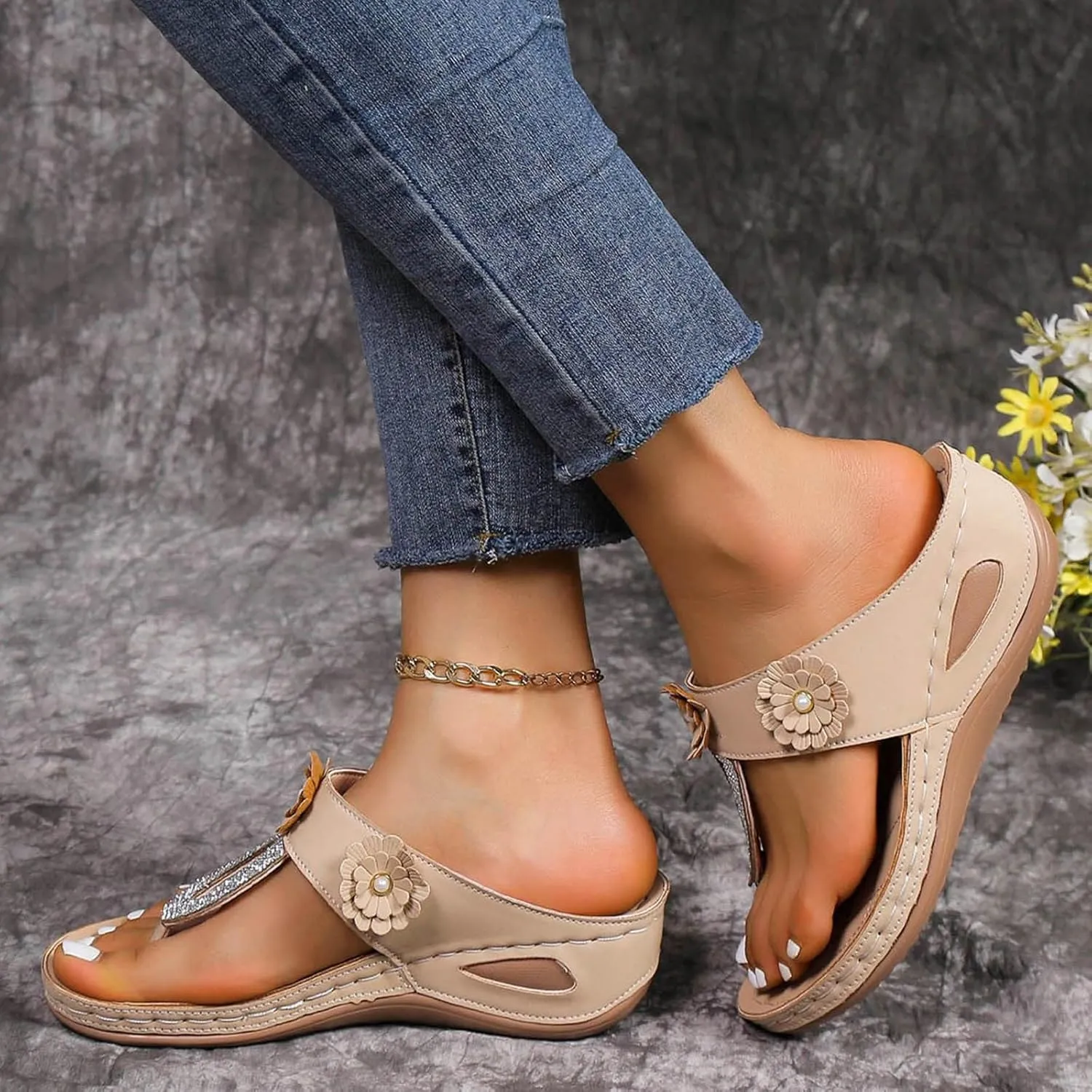 SuanlaTDS Wedge Sandals for Women Summer Dressy Open Toe Platform Wedges Slip On Orthopedic Sandals Comfortable Outdoor Beach Bohemia Casual Arch Support Low Heels Walking Shoes
