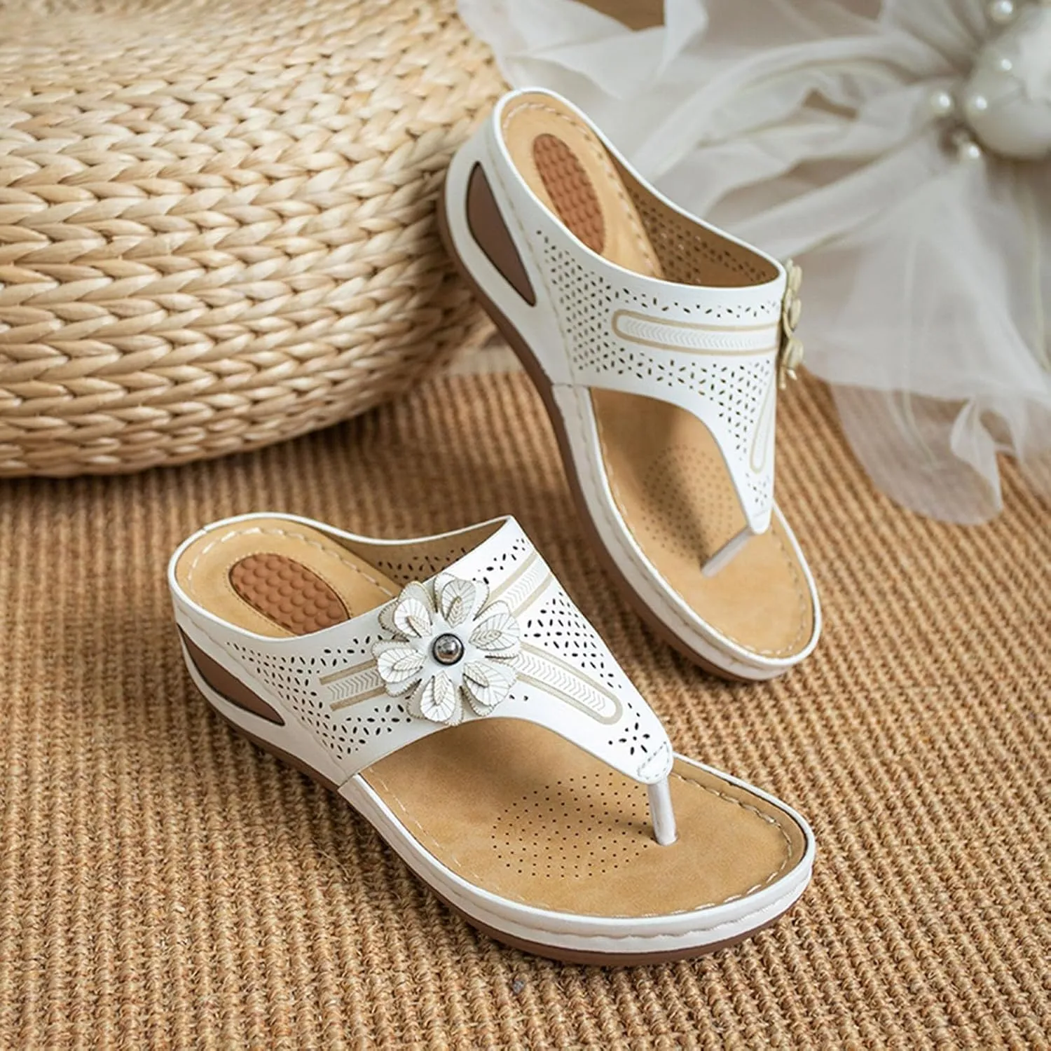 SuanlaTDS Womens Orthopedic Flip Flops Wedge Sandals with Arch Support Comfortable Platform Slip On Slides 2025 Dressy Summer Beach Walking Shoes Open Toe Elegant Party Slide Sandal