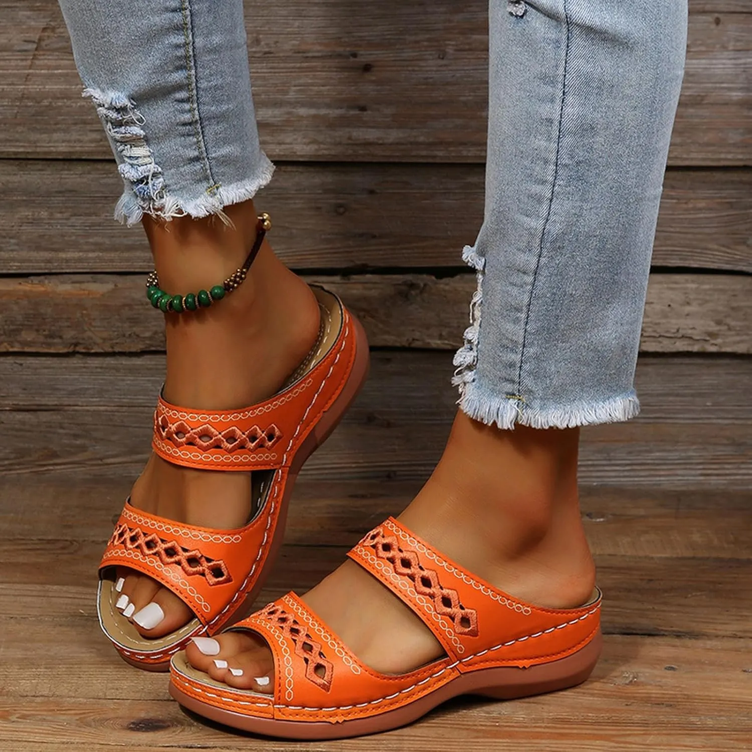 SuanlaTDS Womens Platform Sandals Comfortable Open Toe Slip on Wedges Slides Orthopedic Sandals with Arch Support Soft Sole Casual Summer Beach Low Heels Wedge Walking Sandals