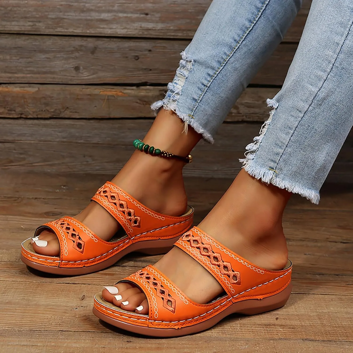 SuanlaTDS Womens Platform Sandals Comfortable Open Toe Slip on Wedges Slides Orthopedic Sandals with Arch Support Soft Sole Casual Summer Beach Low Heels Wedge Walking Sandals