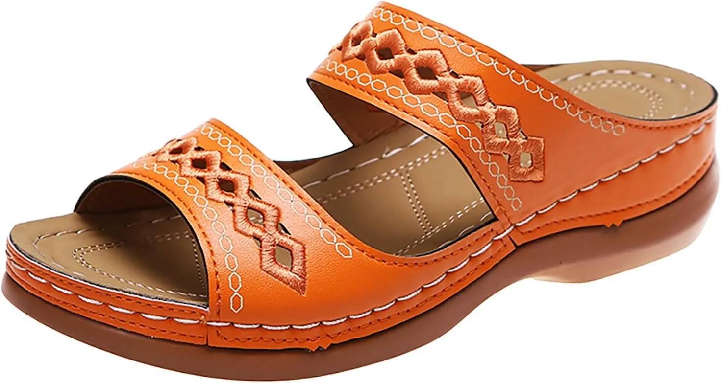 SuanlaTDS Womens Platform Sandals Comfortable Open Toe Slip on Wedges Slides Orthopedic Sandals with Arch Support Soft Sole Casual Summer Beach Low Heels Wedge Walking Sandals