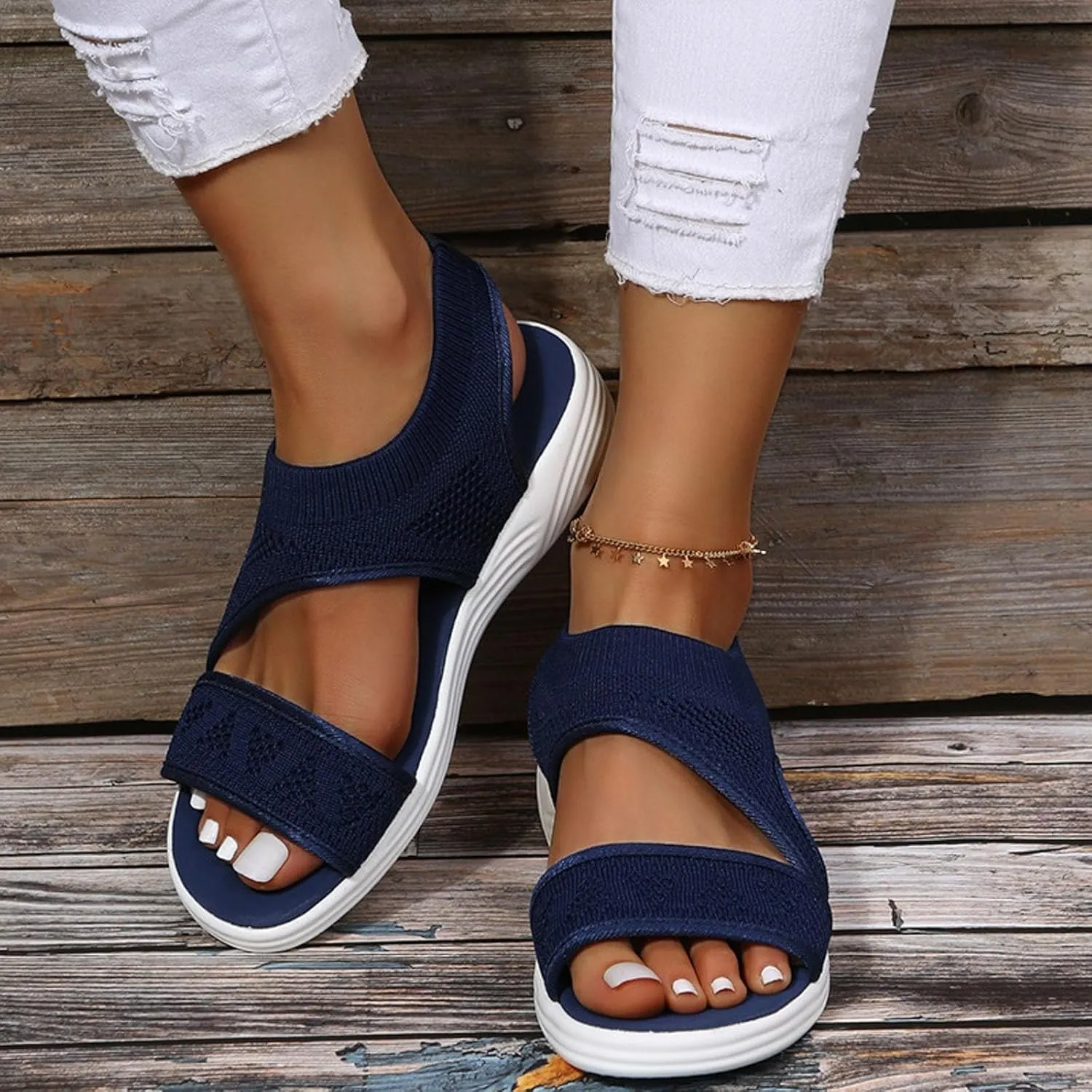 SuanlaTDS Womens Platform Sandals Comfortable Open Toe Thick Soled Flat Walking Orthopedic Sandals with Arch Support Wedge Low Heels Breathable Mesh Outdoor Casual Summer Beach Shoes