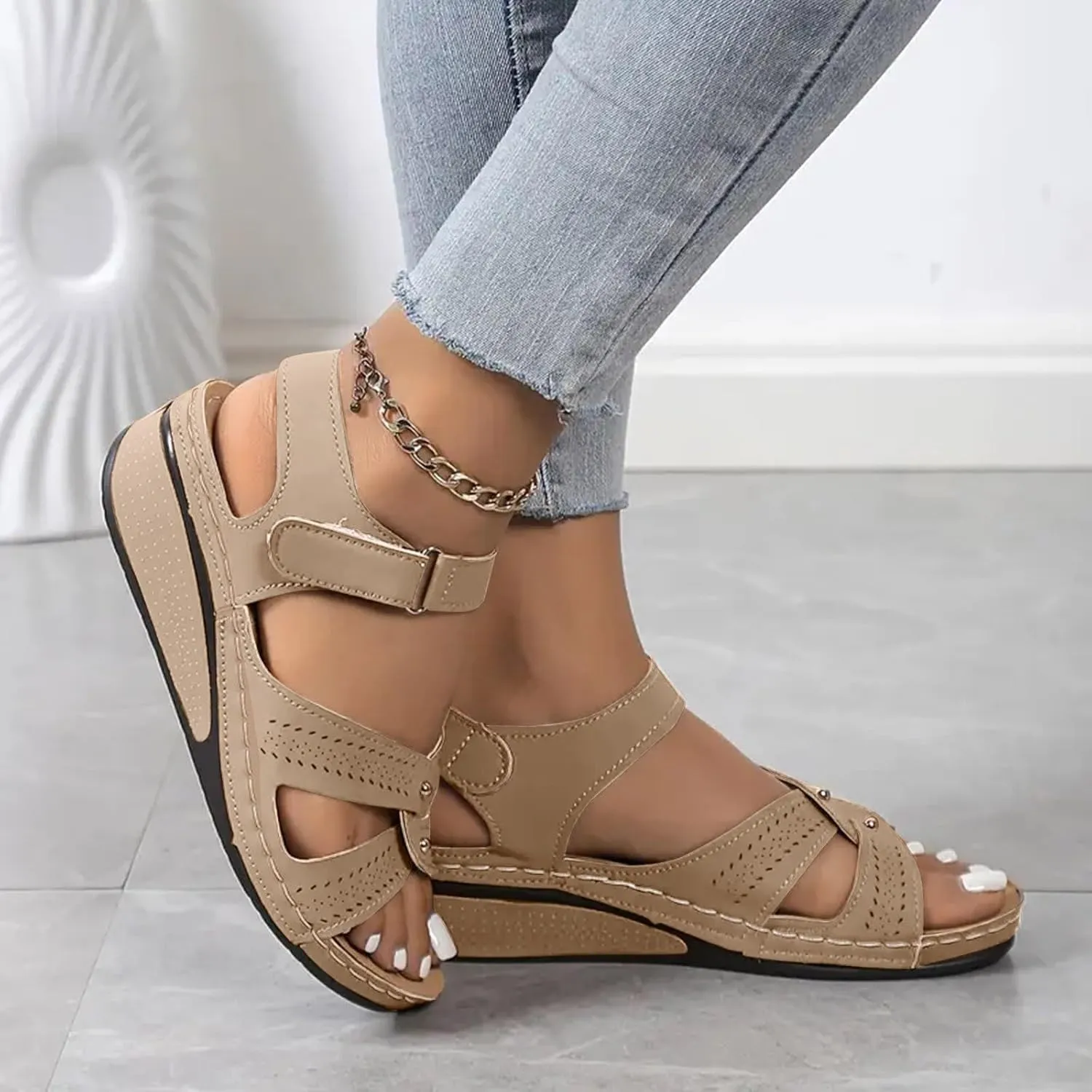 SuanlaTDS Women's Wedge Orthopedic Sandals with Arch Support 2025 Dressy Summer Platform Hook Loop Ankle Strap Crisscross Open Toe Comfortable Outdoor Walking Shoes Beach Sandal