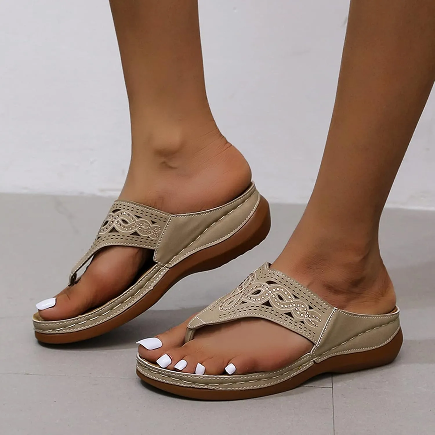 SuanlaTDS Women's Wedge Sandals Platform Flip Flops with Arch Support Comfortable Yoga Mat Athletic Walking Thong Slippers Slip On Open Toe Low Wedges Heels Slide Orthopedic Sandals