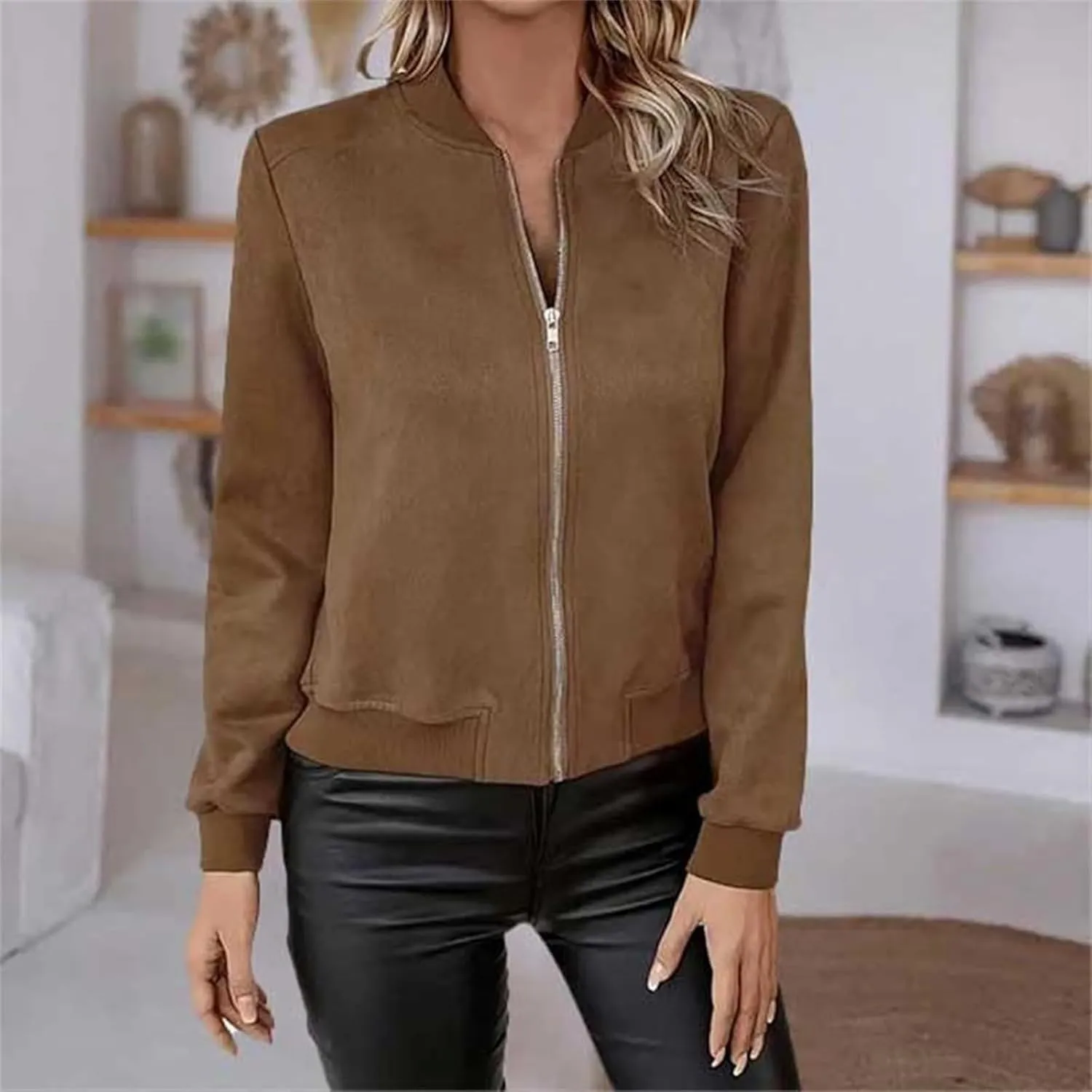 Suede Jackets for Women 2024 Trendy Comfy Cropped Zip Up Jackets Faux Leather Casual Jacket Outwear with Pockets