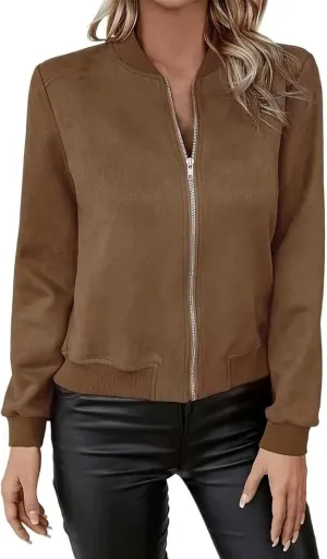Suede Jackets for Women 2024 Trendy Comfy Cropped Zip Up Jackets Faux Leather Casual Jacket Outwear with Pockets