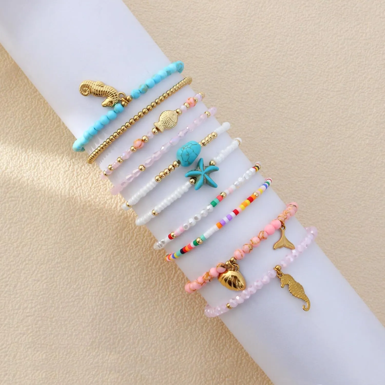 Summer Ankle Bracelets for Women Beach Charm Anklets for Womens Colorful Stone Marine Element Elastic Handmade Gold Beads Anklet Sets