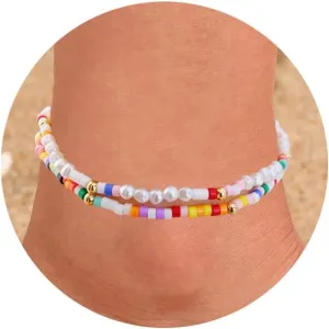 Summer Ankle Bracelets for Women Beach Charm Anklets for Womens Colorful Stone Marine Element Elastic Handmade Gold Beads Anklet Sets