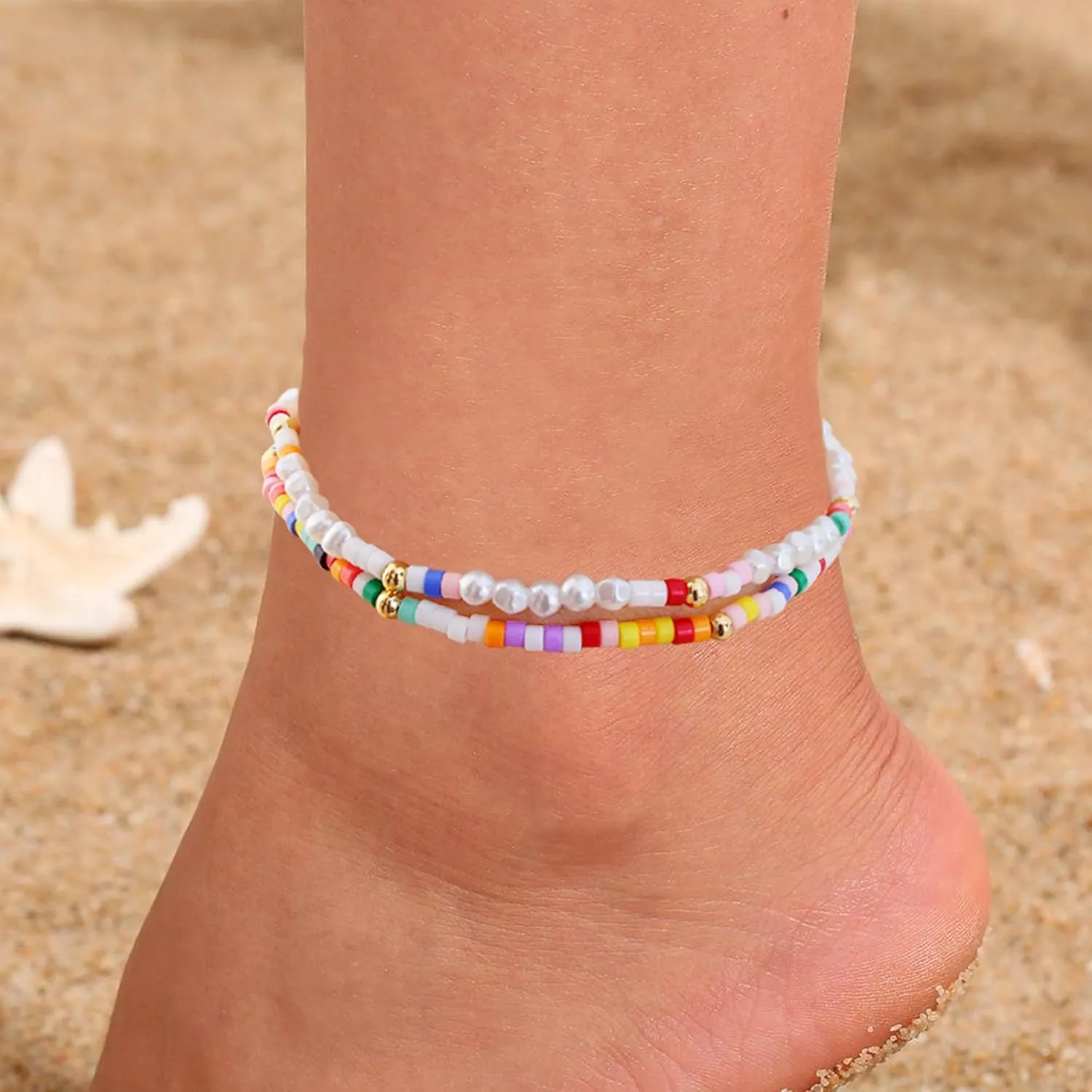 Summer Ankle Bracelets for Women Beach Charm Anklets for Womens Colorful Stone Marine Element Elastic Handmade Gold Beads Anklet Sets