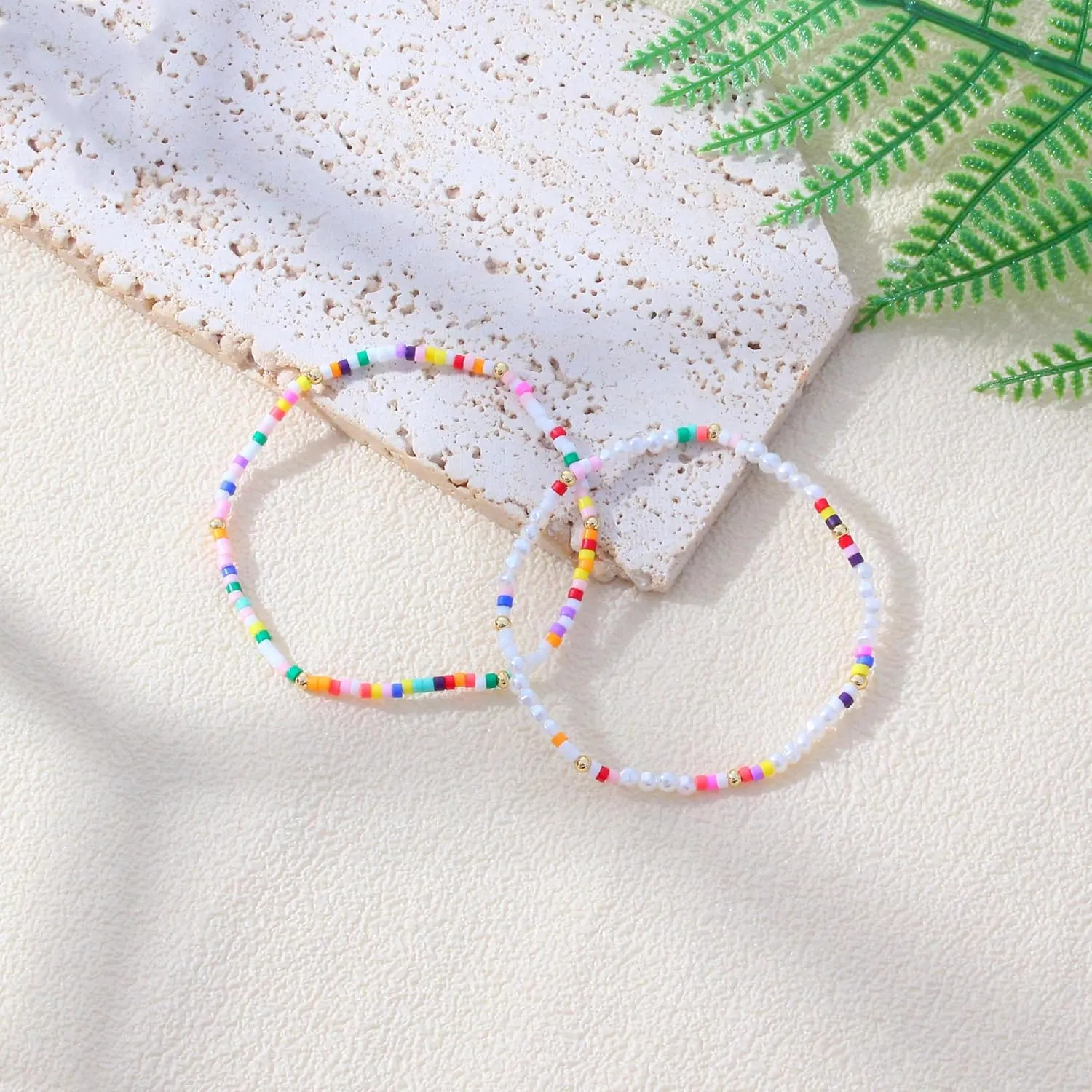 Summer Ankle Bracelets for Women Beach Charm Anklets for Womens Colorful Stone Marine Element Elastic Handmade Gold Beads Anklet Sets