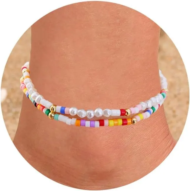 Summer Ankle Bracelets for Women Beach Charm Anklets for Womens Colorful Stone Marine Element Elastic Handmade Gold Beads Anklet Sets