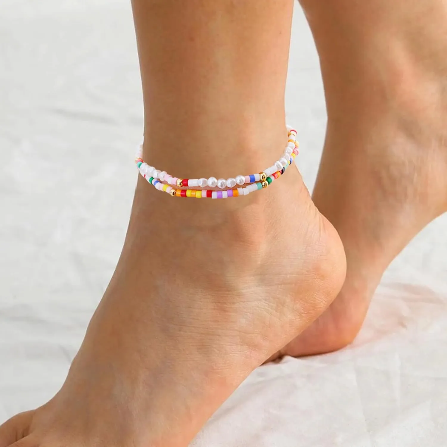 Summer Ankle Bracelets for Women Beach Charm Anklets for Womens Colorful Stone Marine Element Elastic Handmade Gold Beads Anklet Sets