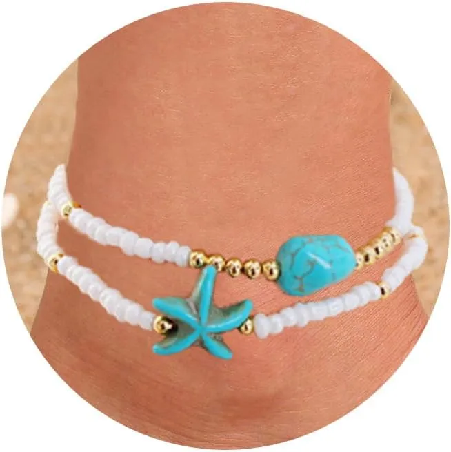 Summer Ankle Bracelets for Women Beach Charm Anklets for Womens Colorful Stone Marine Element Elastic Handmade Gold Beads Anklet Sets