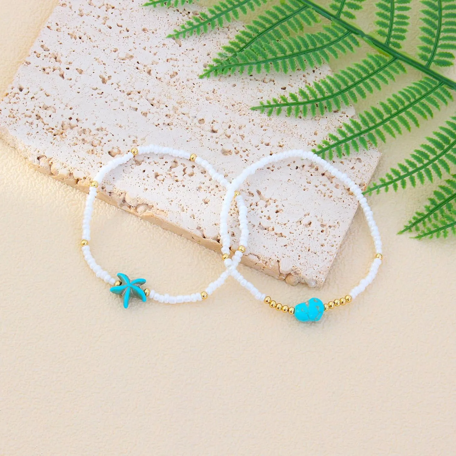 Summer Ankle Bracelets for Women Beach Charm Anklets for Womens Colorful Stone Marine Element Elastic Handmade Gold Beads Anklet Sets