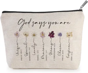 SWITHOM God Says You Are Cosmetic Bag, Christian Makeup Bag for Women, Floral Bible Verse Makeup Case, Sister Gifts, Friend Gifts, Affirmations Gifts, Christian Gifts, Inspirational Cosmetic Bag