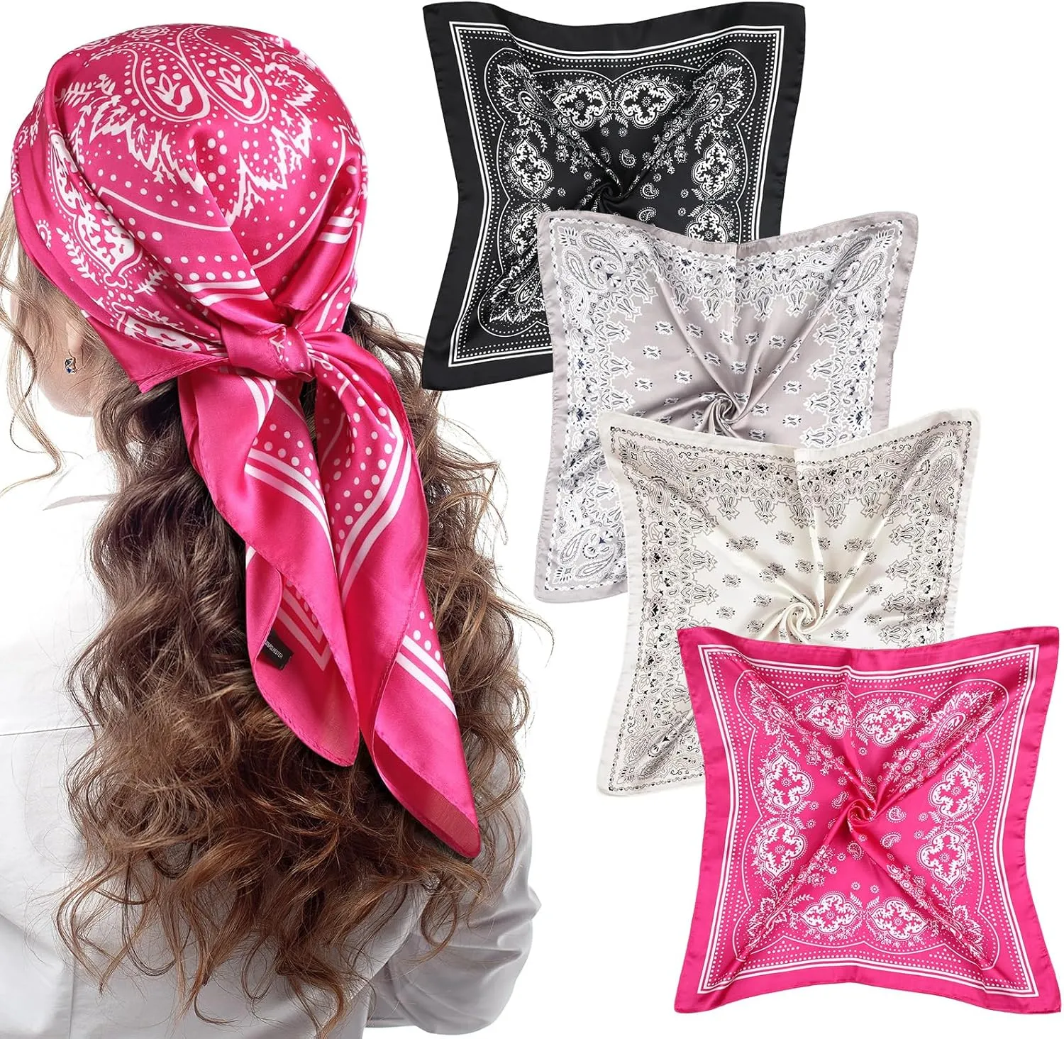 Syhood 4 Pcs 27'' Square Satin Head Scarves Satin Bandanas for Women Headband Scarves Silk Feeling Scarf Boho Headwear