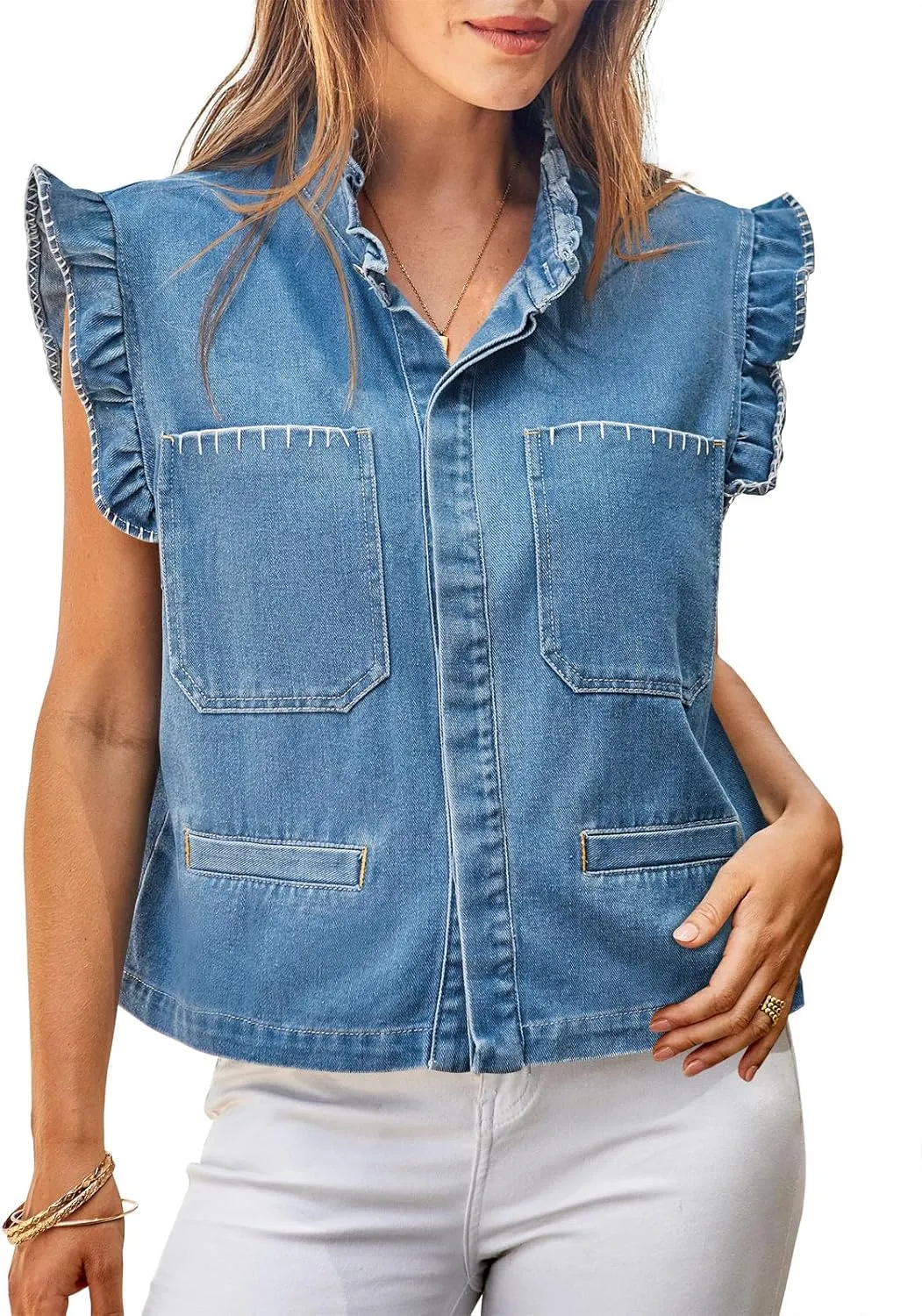 Tankaneo Womens Denim Vest Ruffle Sleeve Summer Causal Cropped Jean Vests Tops Sleeveless Jackets