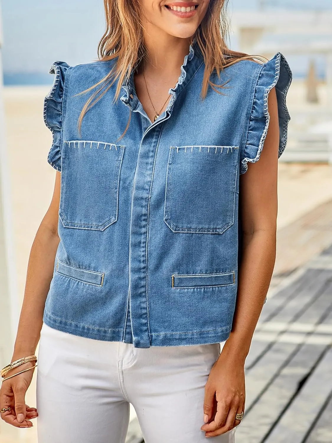 Tankaneo Womens Denim Vest Ruffle Sleeve Summer Causal Cropped Jean Vests Tops Sleeveless Jackets