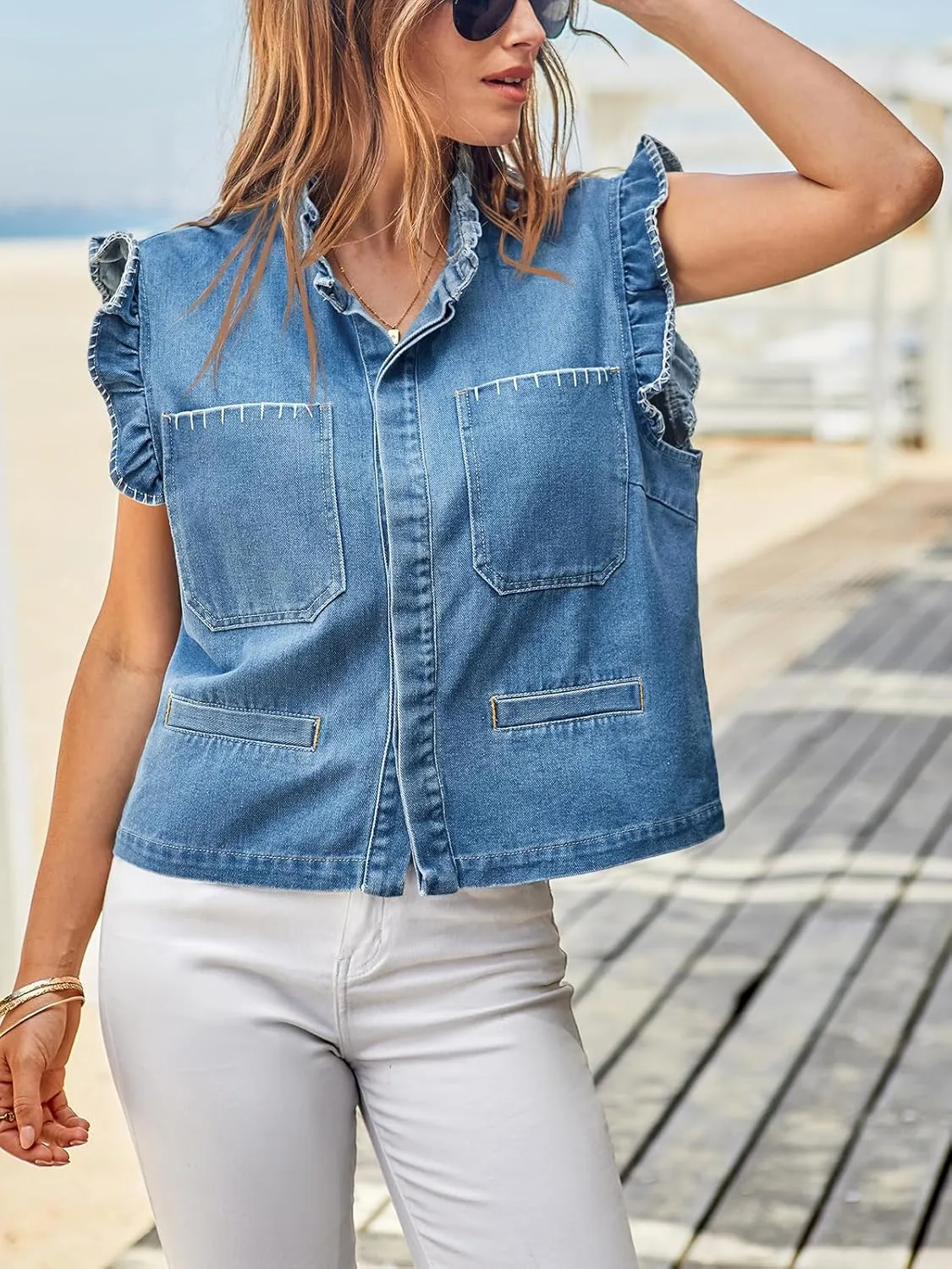 Tankaneo Womens Denim Vest Ruffle Sleeve Summer Causal Cropped Jean Vests Tops Sleeveless Jackets