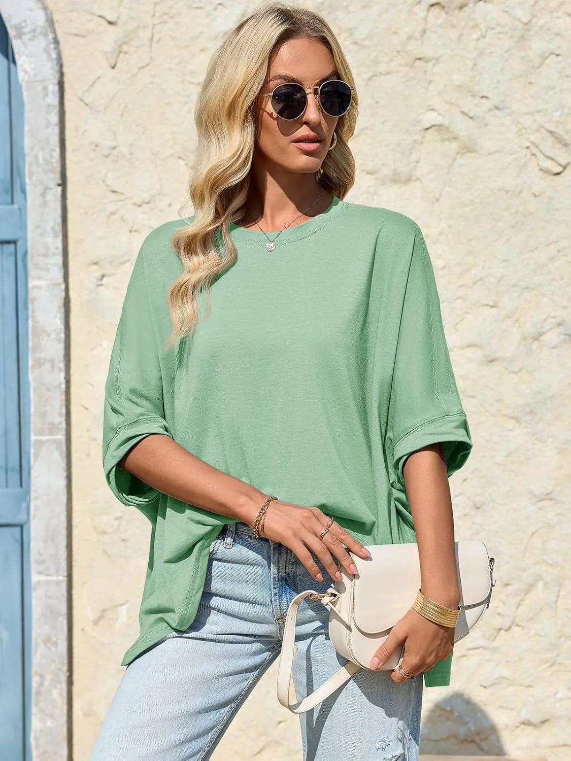 Tankaneo Womens Oversized Tshirts Batwing Short Sleeve Asymmetric Hem Tops Summer Casual Loose Fit Tunic Tee Shirts