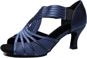 TDA Womens 7133 Flared Heel Dark Blue Satin Latin Modern Salsa Tango Ballroom Wedding Dance Shoes 9 M US