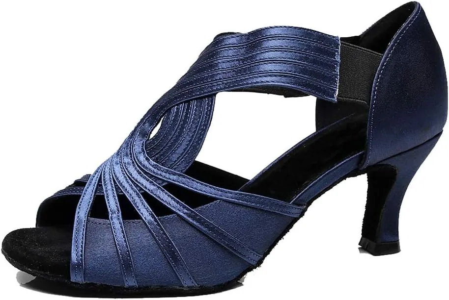 TDA Womens 7133 Flared Heel Dark Blue Satin Latin Modern Salsa Tango Ballroom Wedding Dance Shoes 9 M US