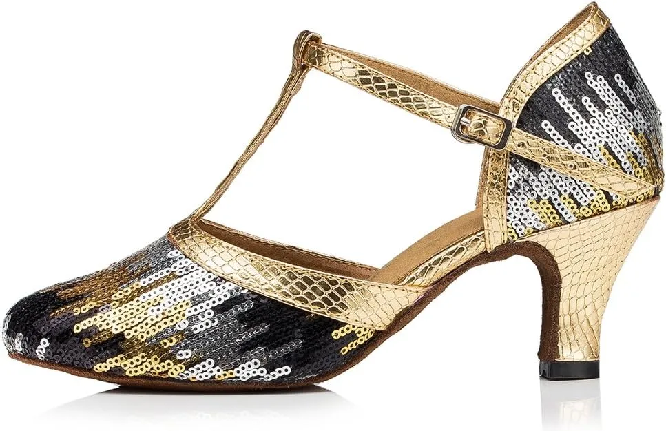 TDA Womens Comfort T-Strap Glitter Sequins Latin Modern Salsa Tango Ballroom Wedding Dance Shoes